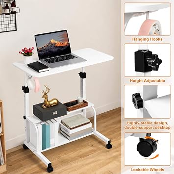 Adjustable Height Mobile Computer Desk,White Table for Home Office Bedroom
