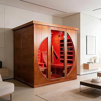 Infrared 2 Person Wooden Sauna Room, Luxurious Red Cedar Sauna with Recliner, 3400W Dry Heat Sauna for Home, 9 Heating Panels, Bluetooth Speaker, 7Color Lights, Oxygen Bar, 220V Red Cedar