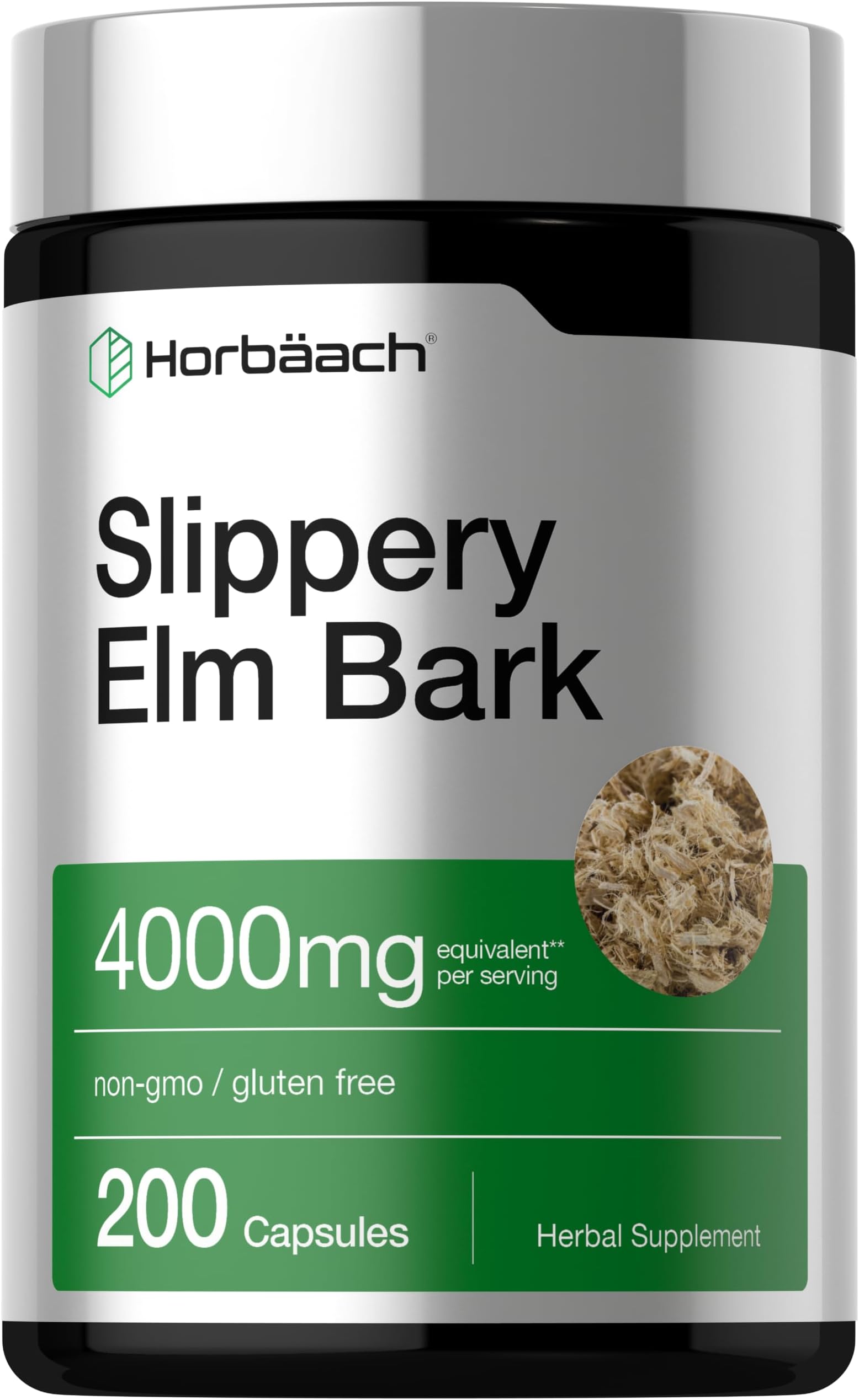 Horbäach Slippery Elm Bark Capsules | 200 Pills | Herbal Supplement | Non-GMO & Gluten Free