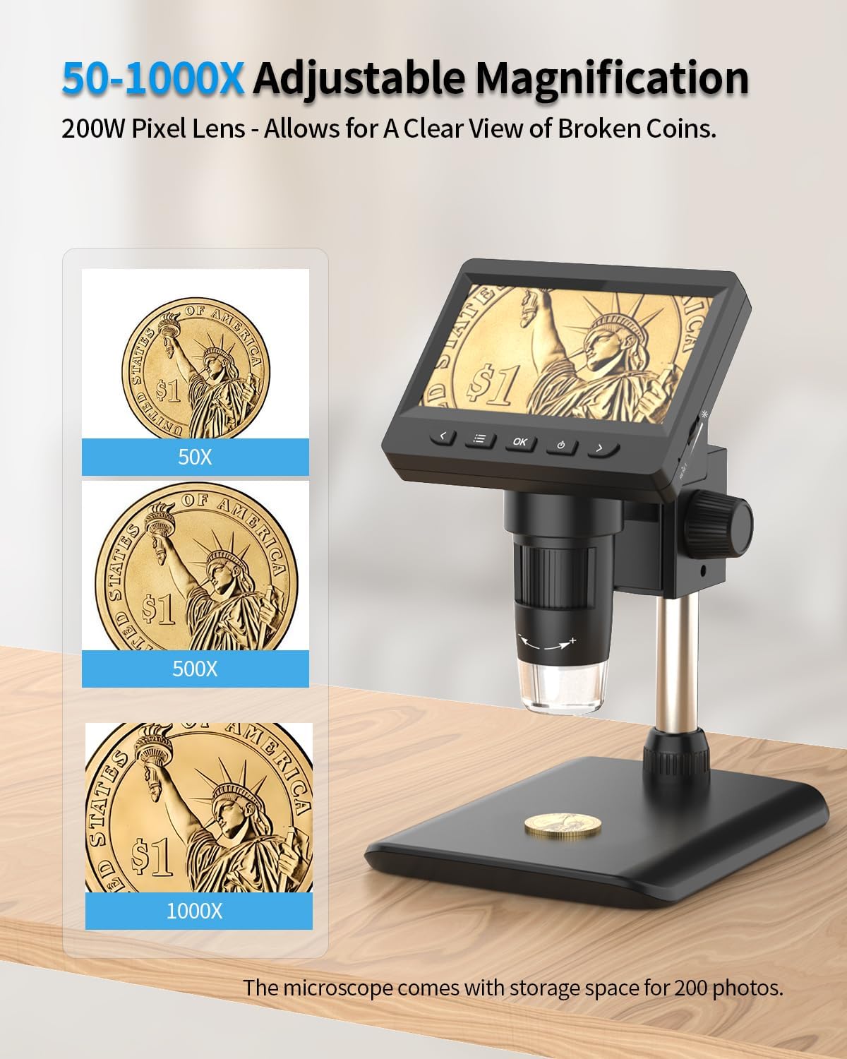 AOPICK Digital Microscope displaying a coin at 50x, 500x, and 1000x magnification
