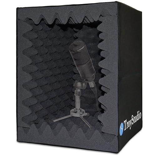 TroyStudio Portable Vocal Booth, Large Foldable Microphone Isolation Shield, Music Recording Studio Sound Echo Absorbing Box, Desk & Stand Use Reflection Filter with Thickened Dense Acoustic Foam - Small Size