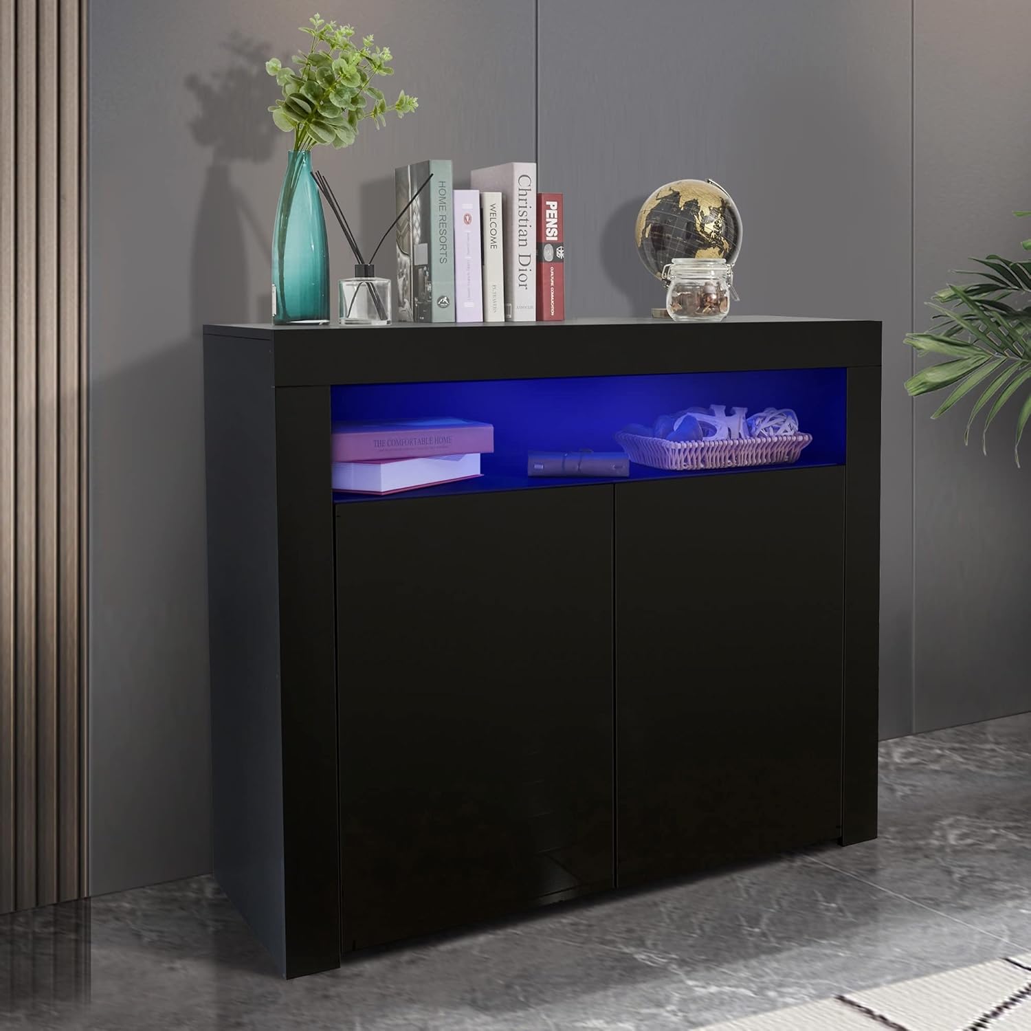 Black High Gloss Storage with Led Light 2 Doors