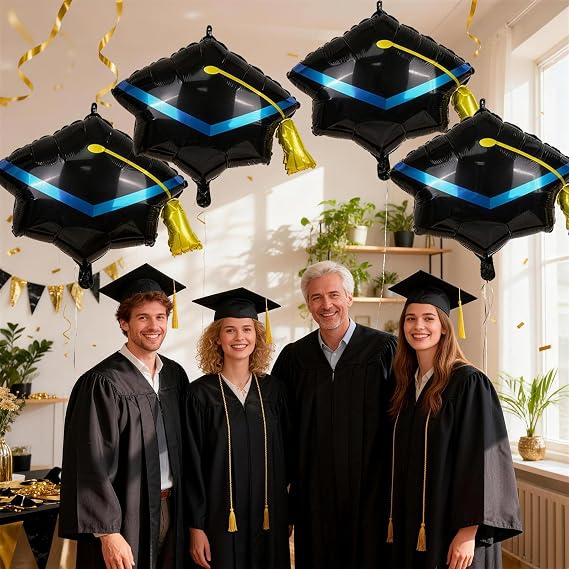 Graduation Cap Balloons, Congrats Balloon for Graduation Decorations 4 Pcs Black Gold 2026 Grad Hat Foil Mylar Balloon for High School College Class of 2026 Congratulations Graduate Party Decoration