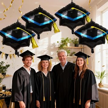 Graduation Cap Balloons, Congrats Balloon for Graduation Decorations 4 Pcs Black Gold 2026 Grad Hat Foil Mylar Balloon for High School College Class of 2026 Congratulations Graduate Party Decoration