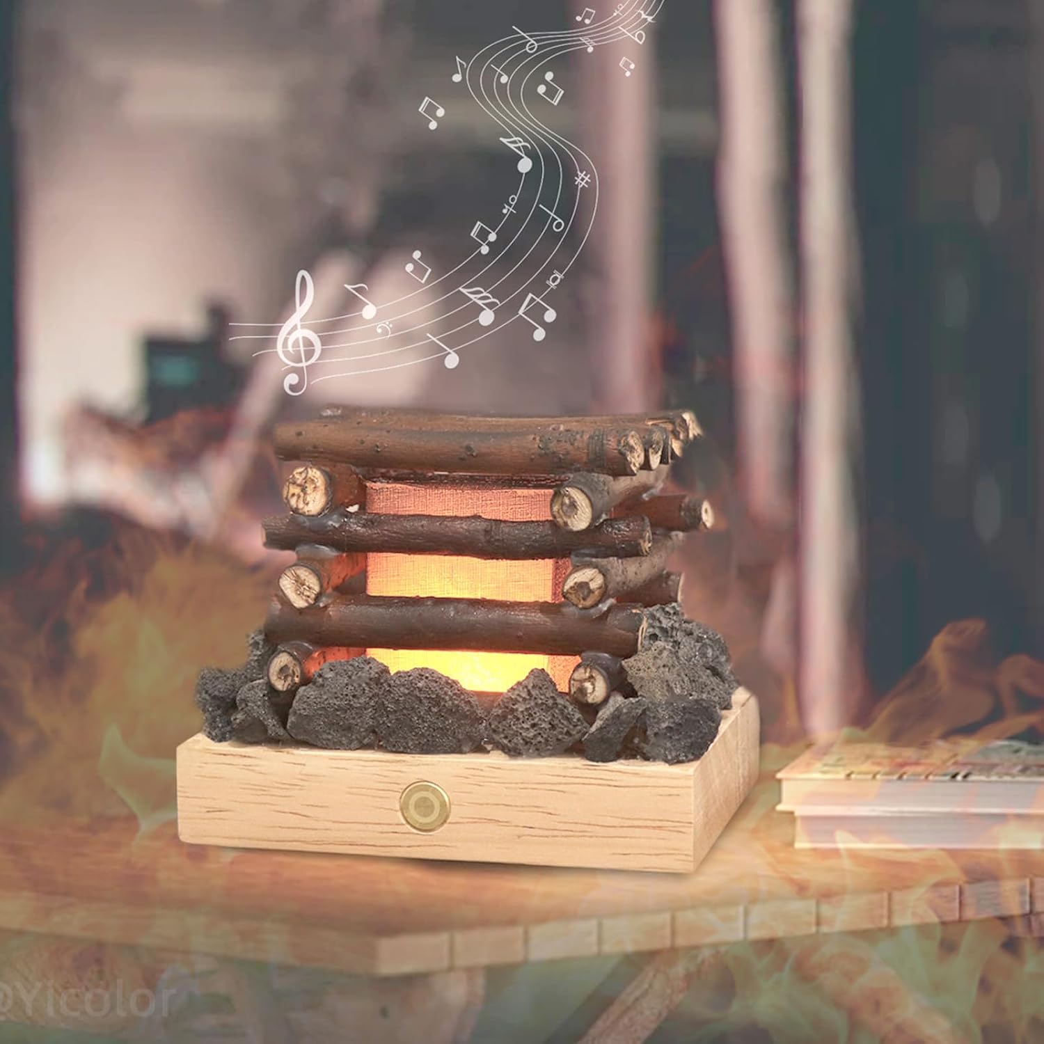 Flickering Campfire Night Light, USB Rechargeable 3 Mode White Noise LED Fire Lamp White Noise LED Faux Night Light for Desk, Sound Effects, Romantic Ambiance