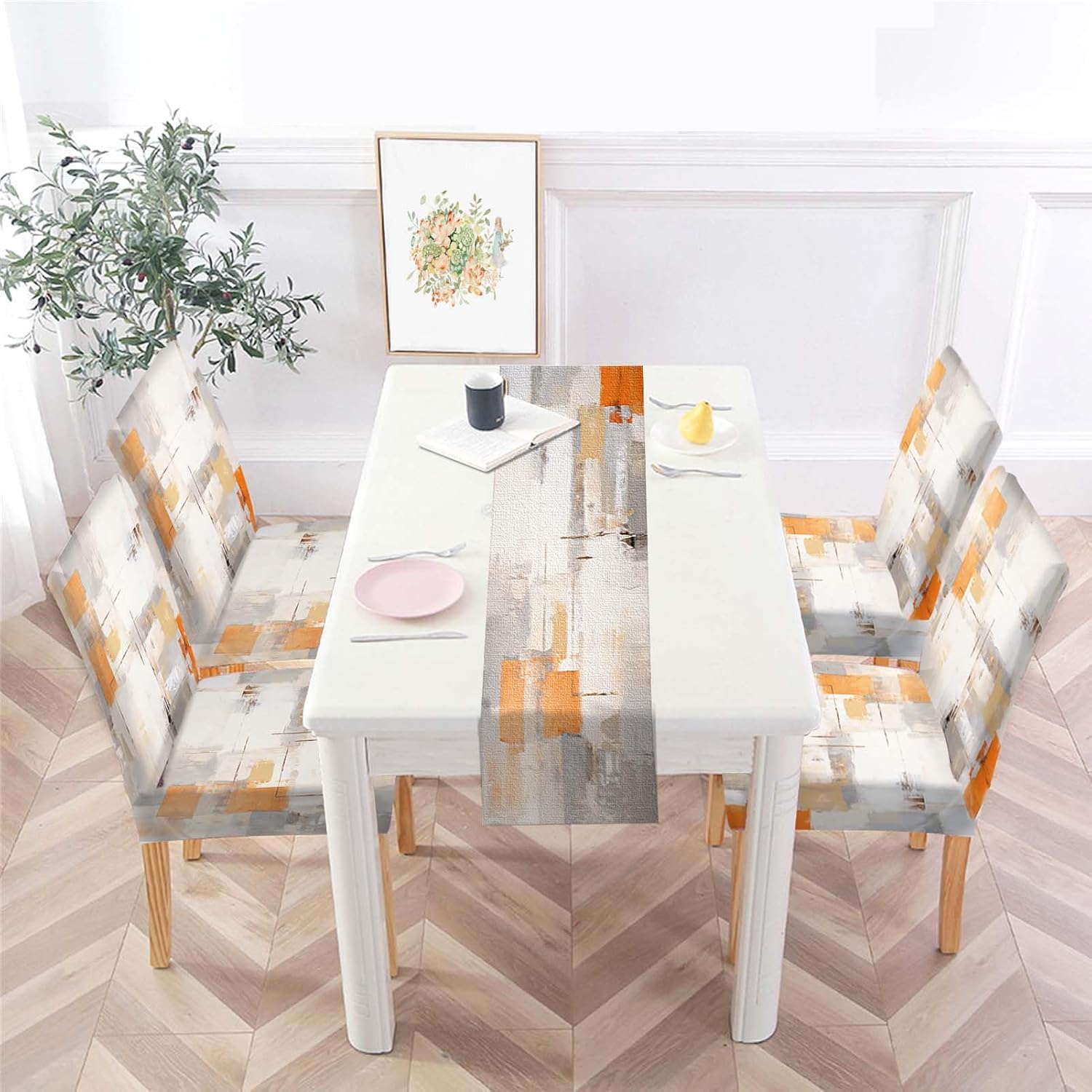 MCALK Orange Chair Covers Set of 4 and Table Runner,Stretch Grey Chair Slipcovers for Kitchen,Washable Removable Chair Protector Abstract Chair Covers for Dining Room