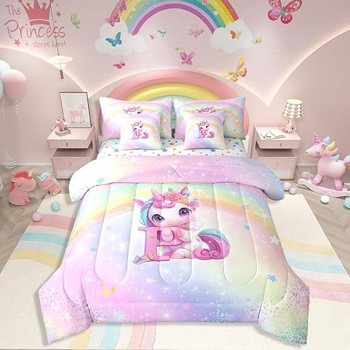 Erosebridal Kids Twin 7 Pieces Bed in A Bag Pink Unicorn Bedding Set for Girls C