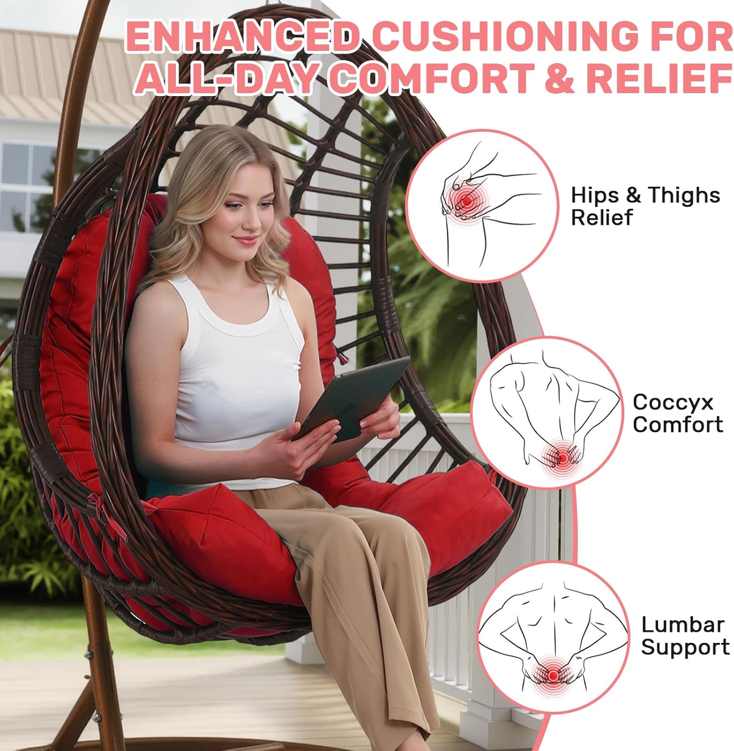 idee-home Egg Chair Cushion Replacement, Hanging Chair Cushion Outdoor with Waterproof Cover, Wicker Hammock Swing Cushioned for Patio, Red（Without Chair）