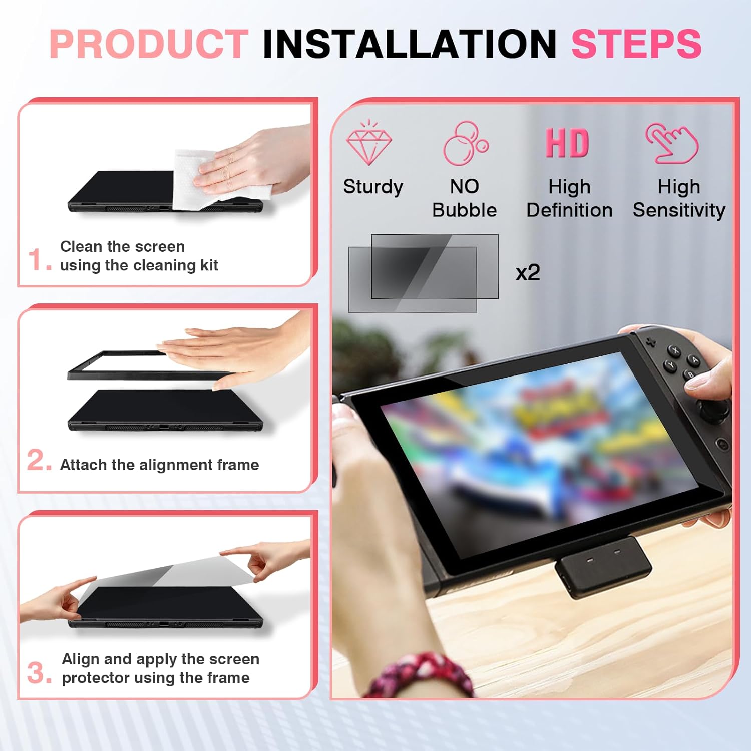 Moginno Switch 2 Accessories Bundle for Nintendo 2025, 11-in-1 Game Kit: Carrying Case, Screen Protectors with Alignment Frame, Dockable Console Protective Cover Shell, Thumb Grip for Joycon, Pink - Image 6