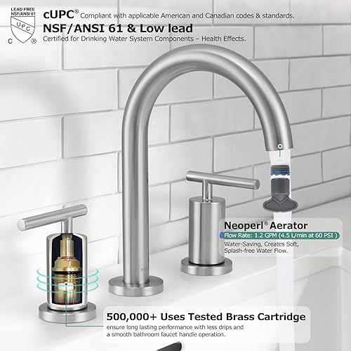 Miniatura 2 de PARLOS Grifo de lavabo de baño de 2 manijas de 8 pulgadas, 3 agujeros con líneas de suministro de grifo cUPC, níquel cepillado, 1.2 GPM, 1437402PD