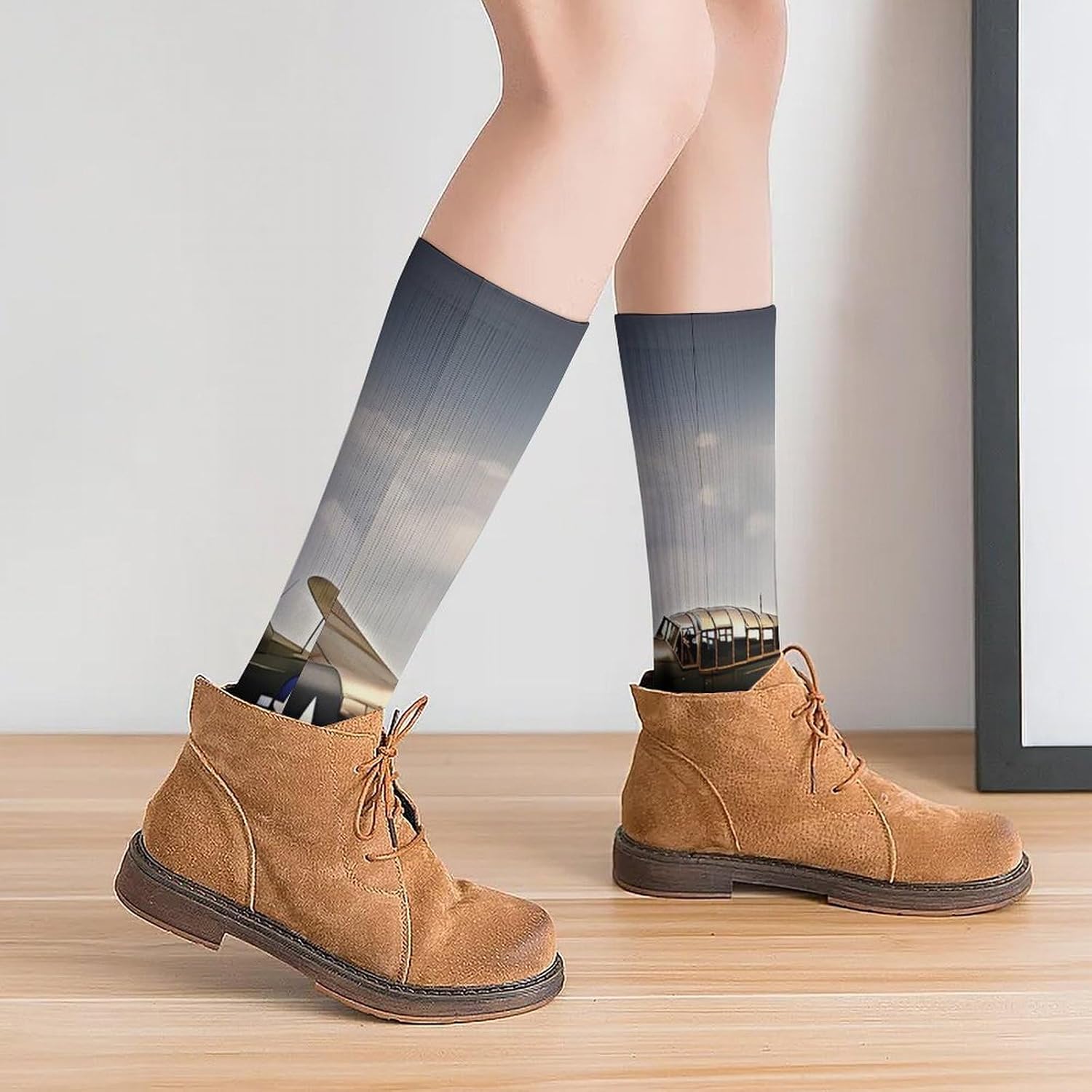 Breathable Crew Sock, Moisture Wicking, Athletic Calf Socks, Cozy | World War 2 Aircraft Airplane Compression Socks for Women Men, Lightweight High Work Socks for Business, Casual