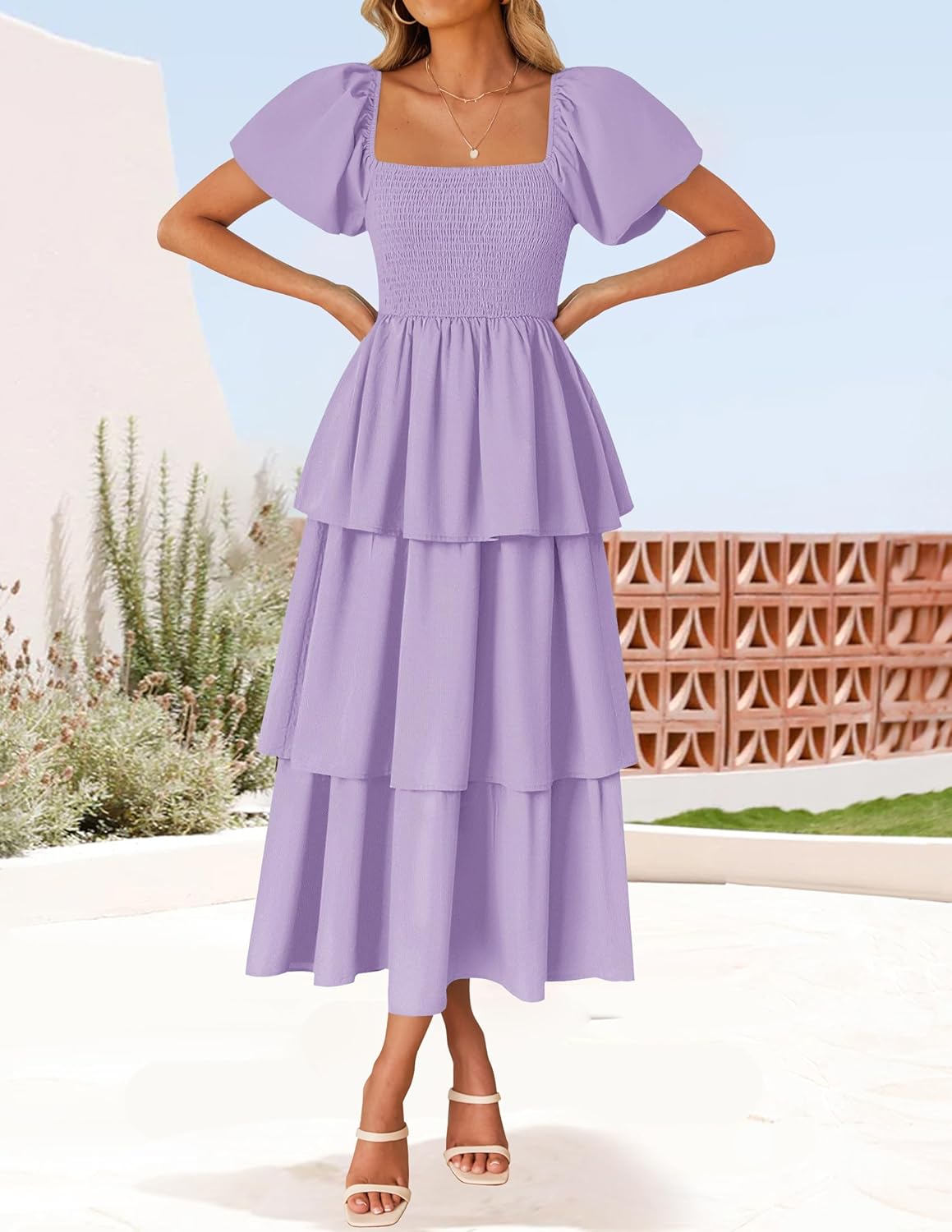 ZESICA Women's Summer Puff Sleeve Midi Dress 2026 Casual Flowy A Line Tiered Wedding Guest Beach Vacation Long Dresses - Image 7