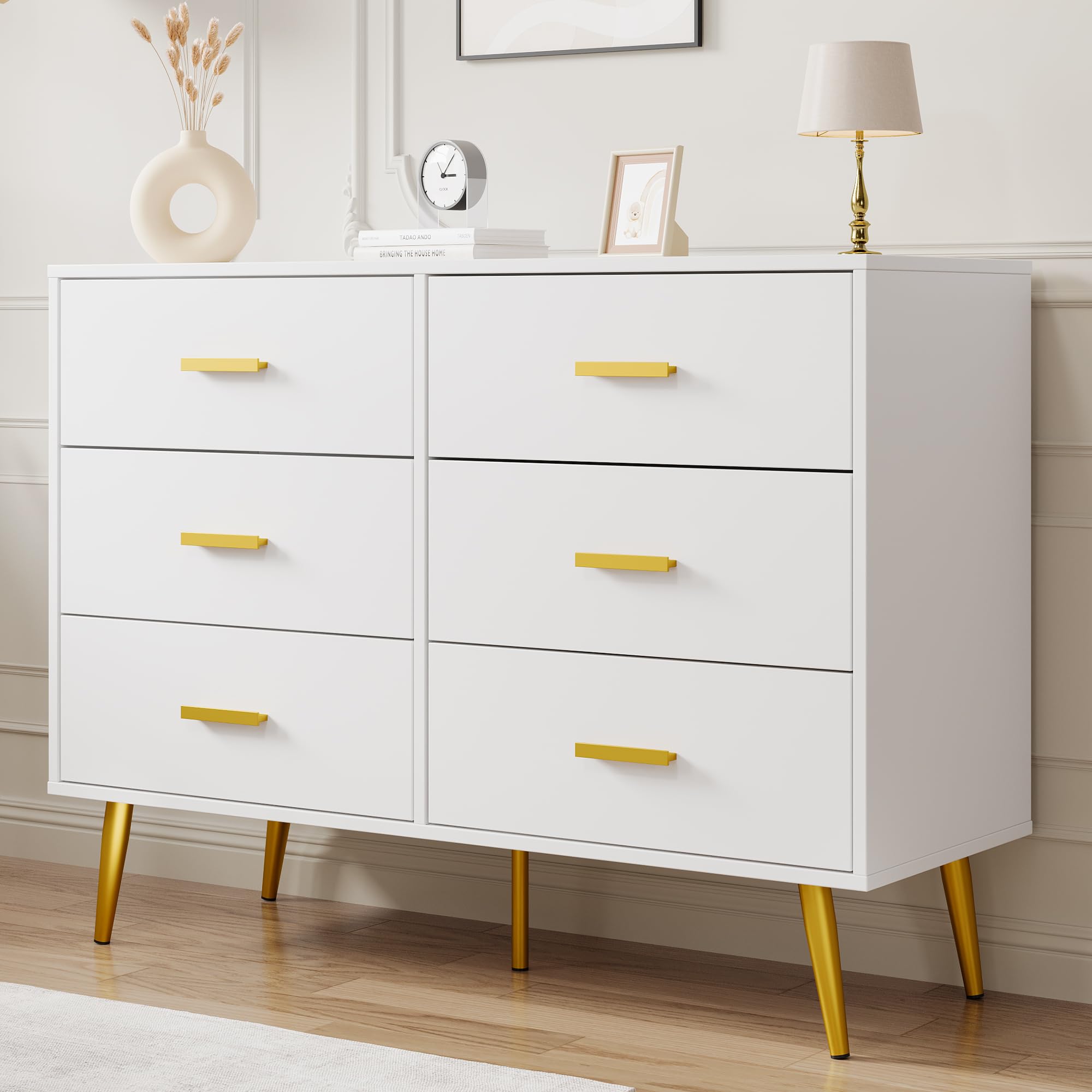 WEJIUAFB Kommode Schubladenkommode Kleiderkommode Sideboard Aufbewahrungskommode Schubladenschrank, 6 Schubladen Weiß mit goldenen Griffen Beinen 106x40x85cm Küche, Haushalt & Wohnen