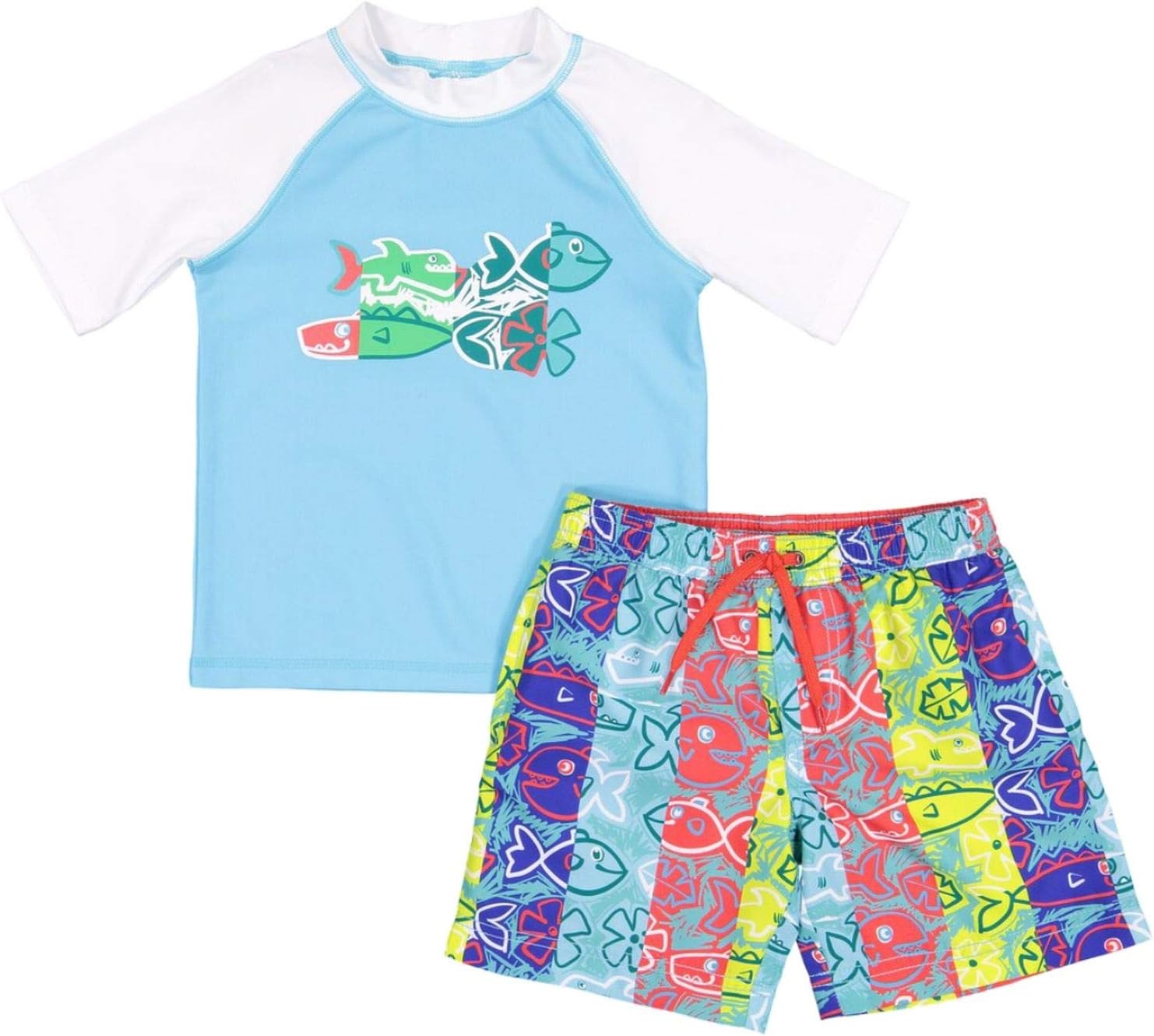 Kiko & Max Toddler Boys Tropical Hawaiian Fish Rash Guard Shirt & Swim Trunks