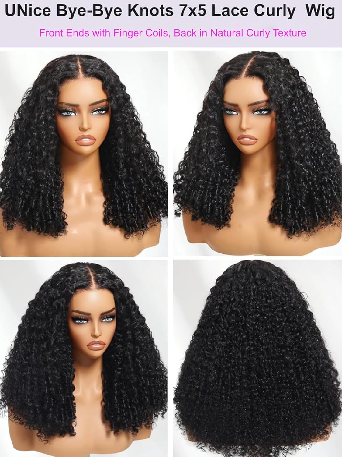 UNICE Curly Human Hair Wig with Finger Coil Ends Bye Bye Knots 7x5 Lace Glueless Wigs Human Hair Pre Plucked Pre Cut Bleached Knots Natural Hairline 150% Density 18 inch