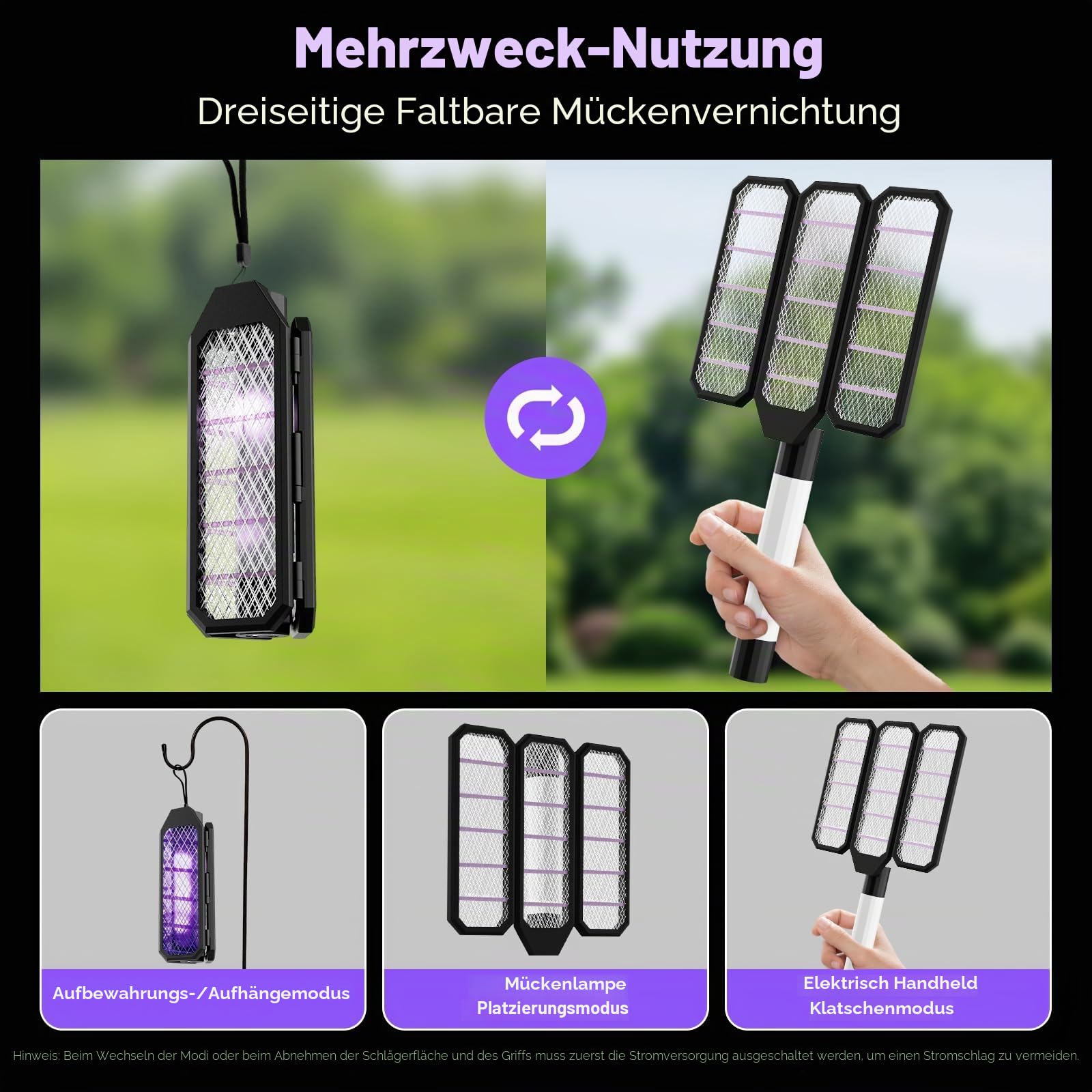 2 in 1 Elektrische Fliegenklatsche, Fliegenlampe,USB Aufladbarer, Faltbar Tischgerät/Wandgerät/Handgerät Mückenklatsche, Anti Mücken Lampe für Innen Outdoor Schlafzimmer Haus Patio Hinterhof (Schwarz)