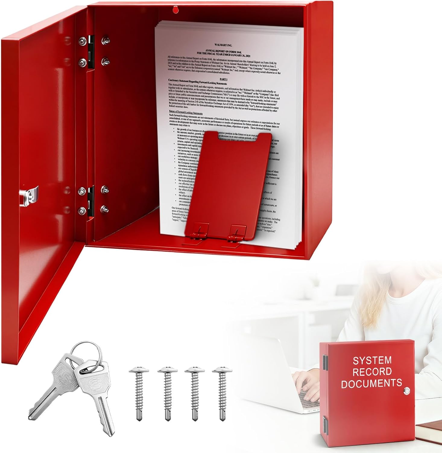 System Record Documents Enclosure, 13.8 X 13.8 Inch Fire Box for Documents, System File Cabinet Locking Document Storage for Office Home with Adjustable Spring Bookends, Red