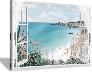 Hardy Gallery Coastal Painting Seascape Wall Art: Open Window View Picture Blue Ocean & Beach Artwork on Canvas for Bedroom (45'' x 30'' x 1 Panel)