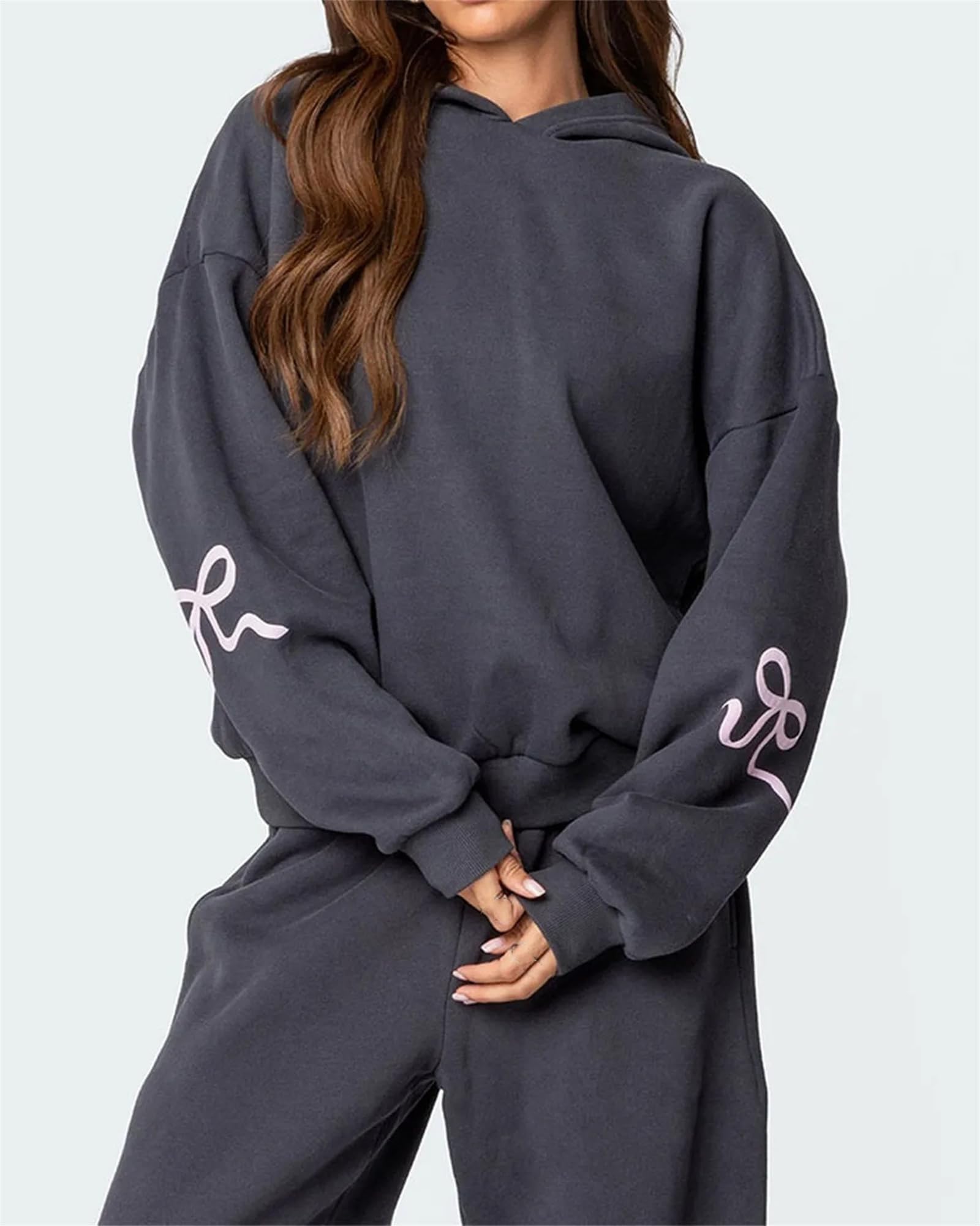 Conjunto deportivo de 2 piezas para mujer, conjunto de estampado de lazo, sudadera con capucha y pantalones deportivos para mujer, sudadera con lazo para mujer