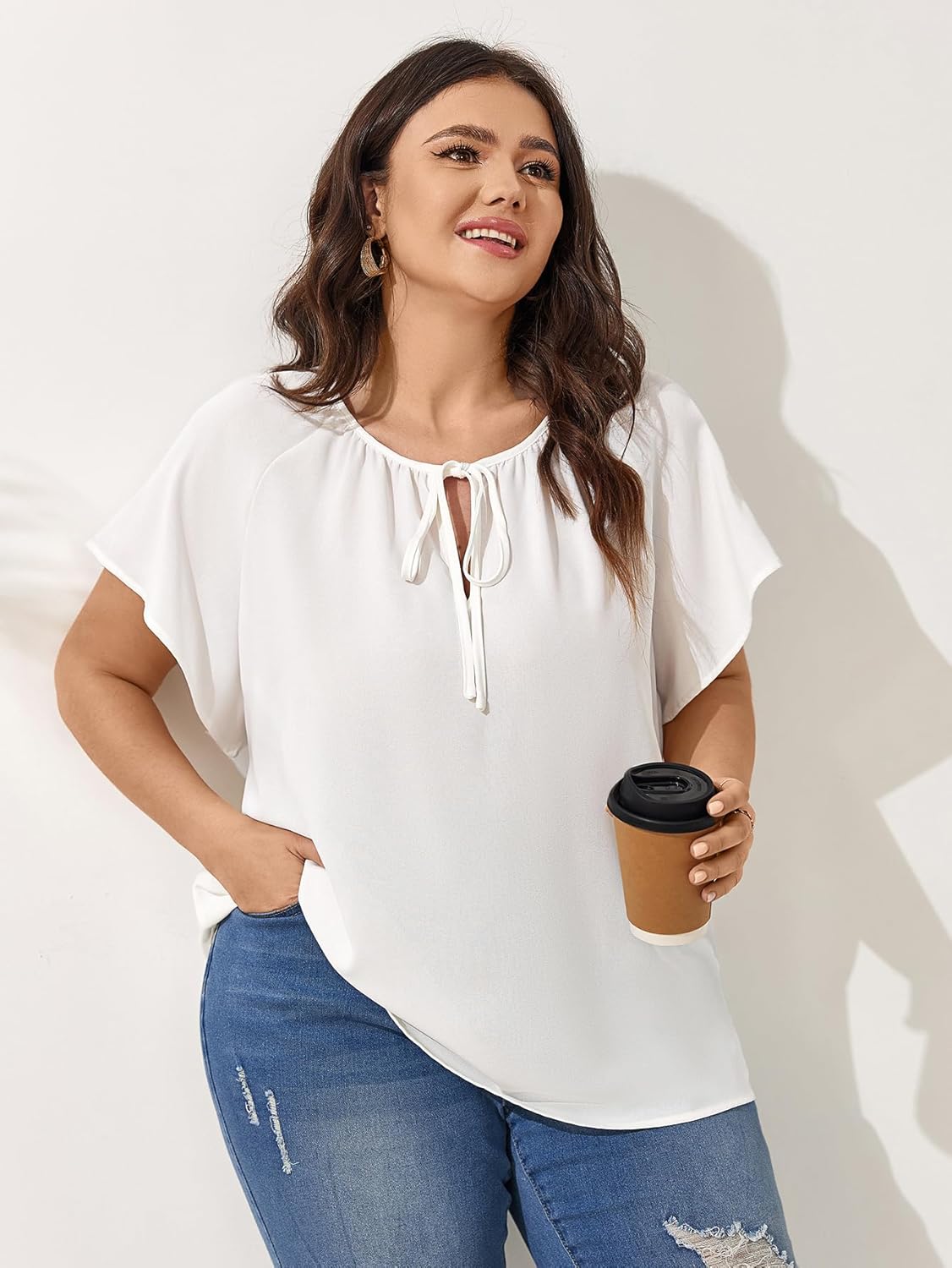 Plus Size Blouses for Women V Neck Short Sleeve Summer Tops Drawstring Blouse Loose Casual Flowy Shirts - Image 6