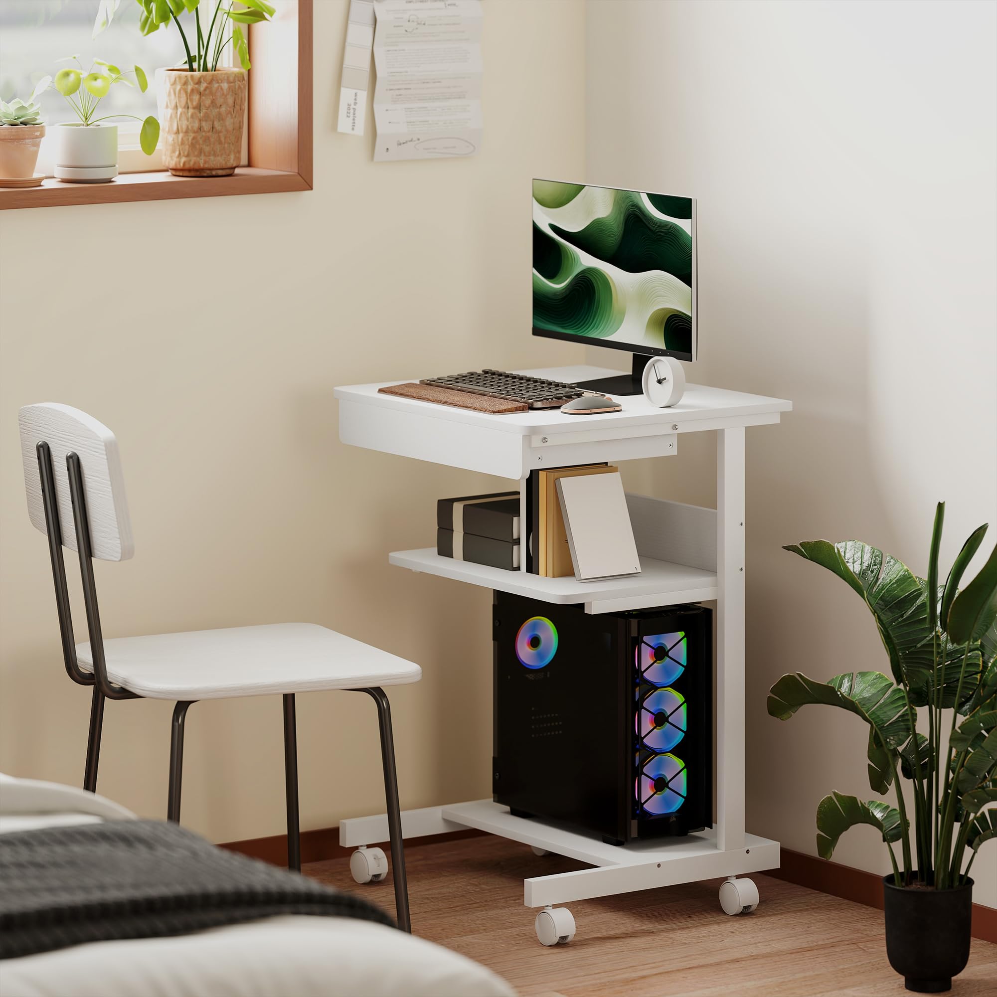 HOMCOM Scrivania per computer su ruote, scrivania con spazio 56 x 51 cm con cassetto, scomparto e supporto per CPU, tavolo da computer per studio per piccoli spazi camera da letto, bianco