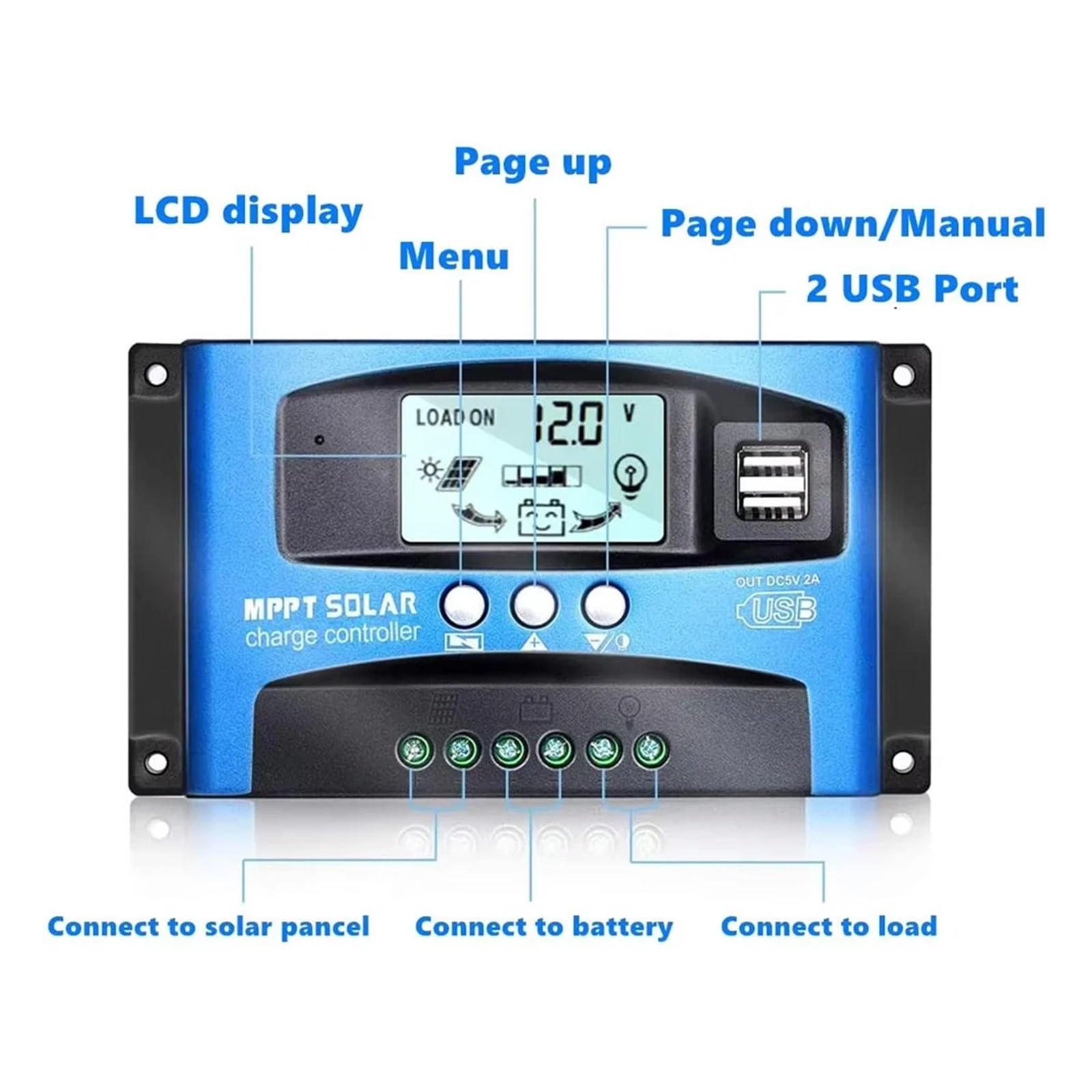 Regolatore di Carica Solare MPPT 100A 60A 40A Display LCD Doppio USB | Regolatore di carica del pannello a celle solari 12V 24V con carico(100A)