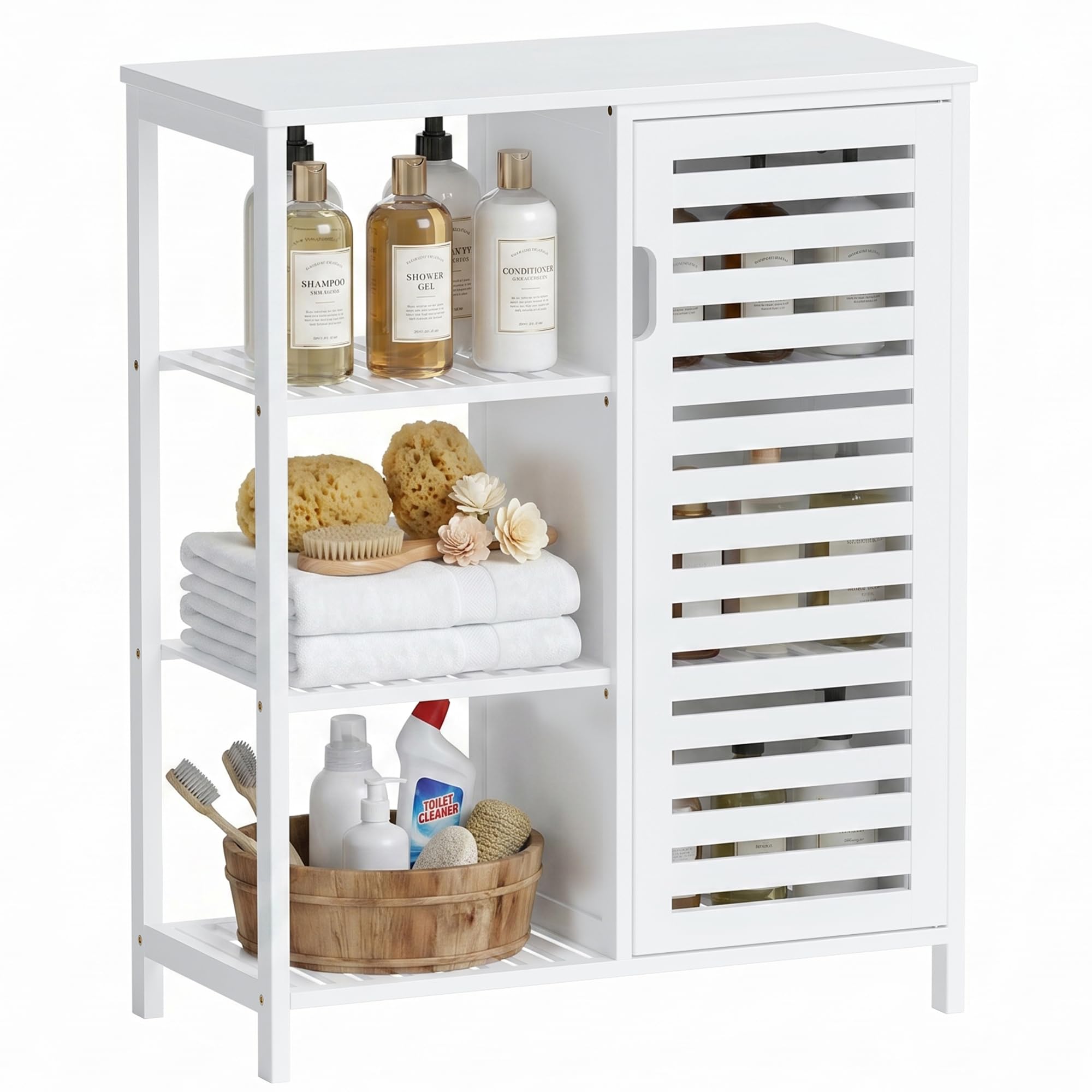 HITNET Bambus Badschrank Freistehend, Badezimmerschrank mit 3 offenen Fächern und Lamellentüren, Aufbewahrungsschrank für Badezimmer, Wohnzimmer, Küche, Weiß