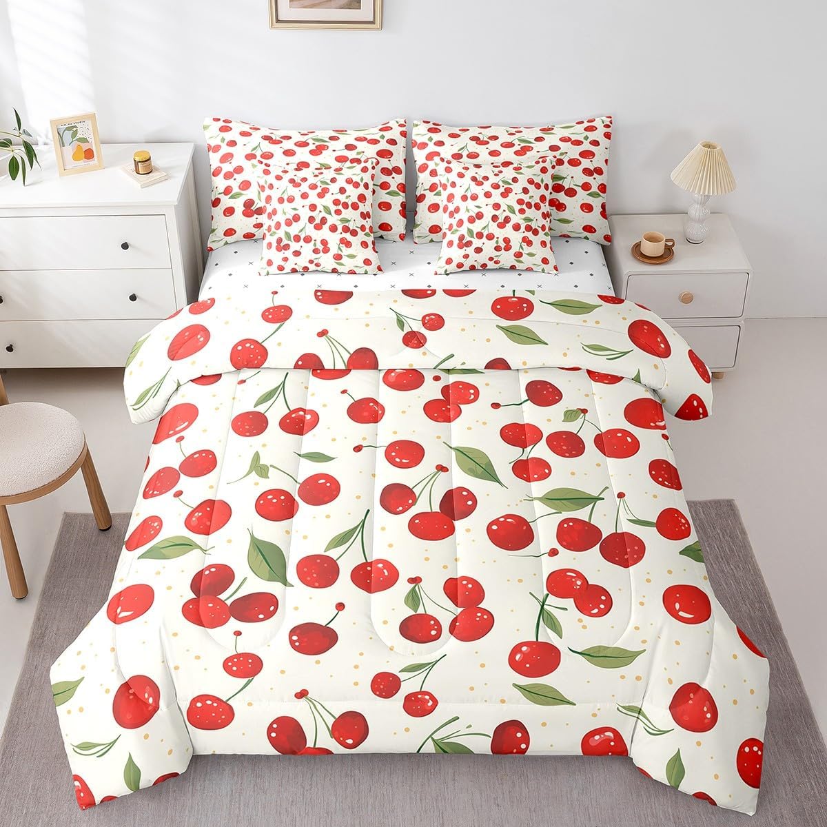 jejeloiu Girls Cherry Comforter Set with Sheets Twin Size 7 Pieces Leaves Bedding Set for Kids Boys Tropical Fresh Fruit Print Pattern Bed in a Bag Room Decor