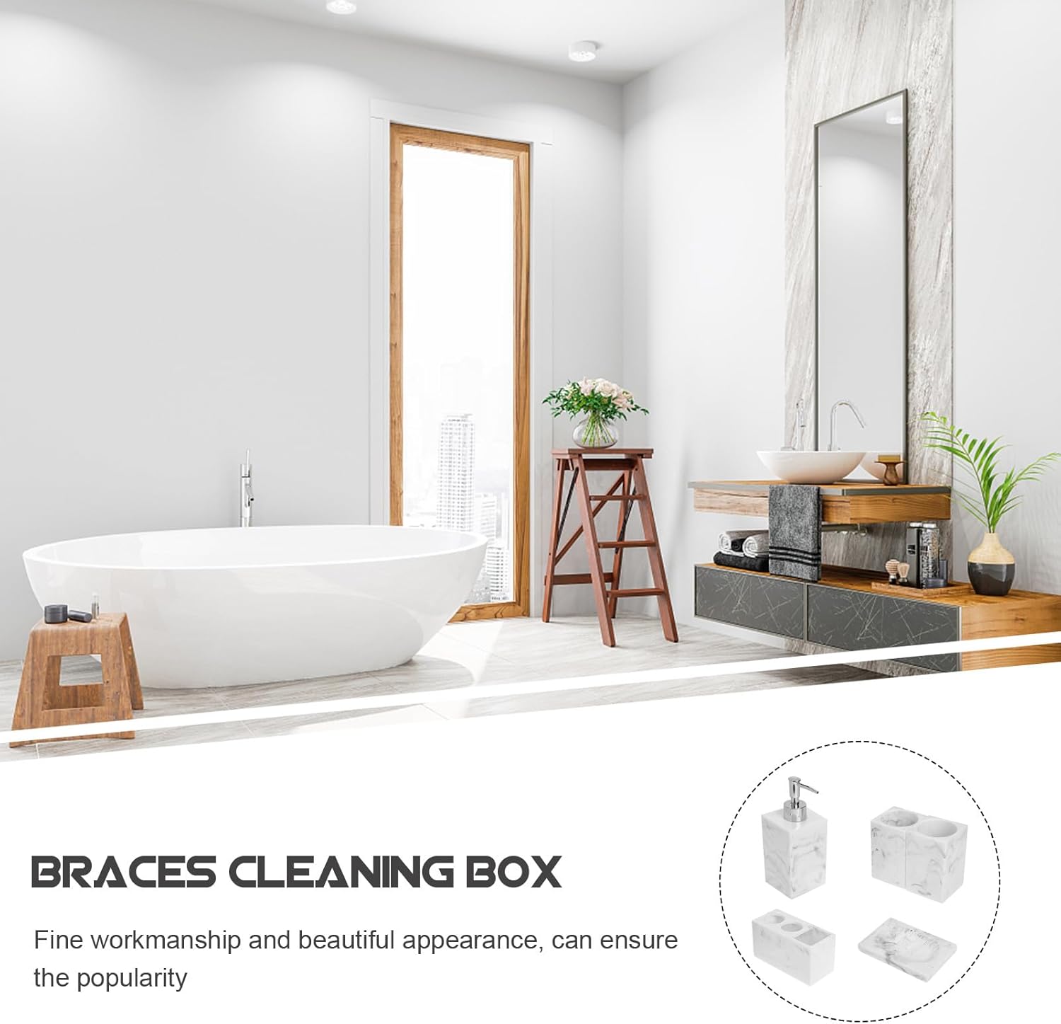 DOITOOL 樹脂製歯ブラシホルダー付きバスルーム洗浄セット 5点 北欧風バスルームアクセサリー 日常衛生管理用ホームセット