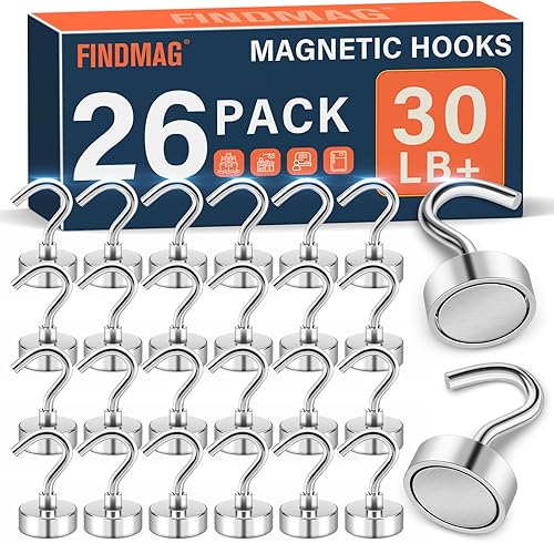 Vista 9 de FINDMAG Paquete de 16 ganchos magnéticos, ganchos magnéticos de neodimio negro, ganchos magnéticos fuertes de 30 libras para colgar, imán
