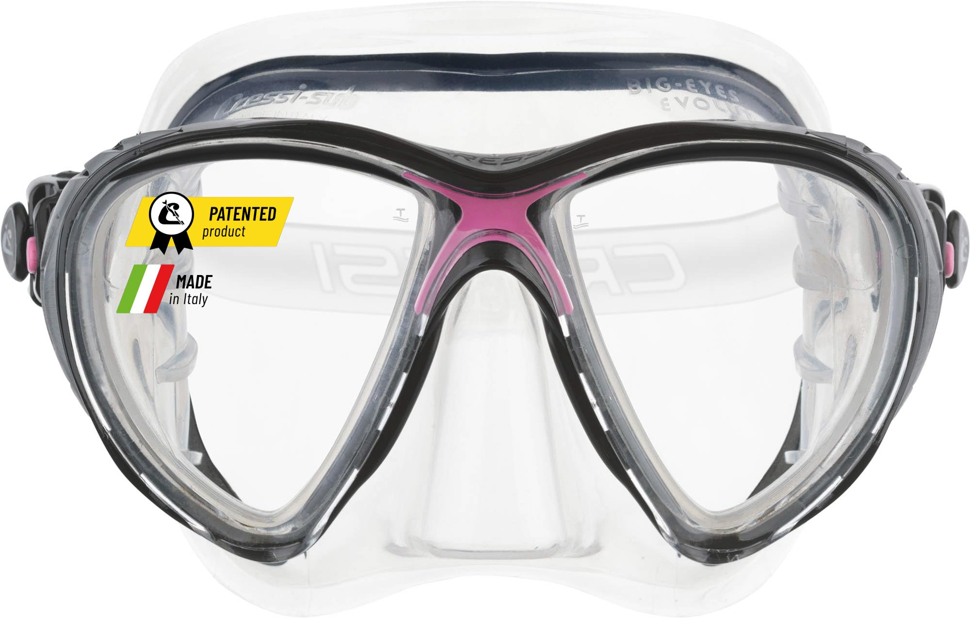 Cressi Big Eyes Evolution Snorkel Mask - Adult Snorkel Set & Quick-Adjust Buckles - Silicone Skirt & Scuba Ready - Low-Volume Scuba Mask - Clear/Black/Pink - One Size