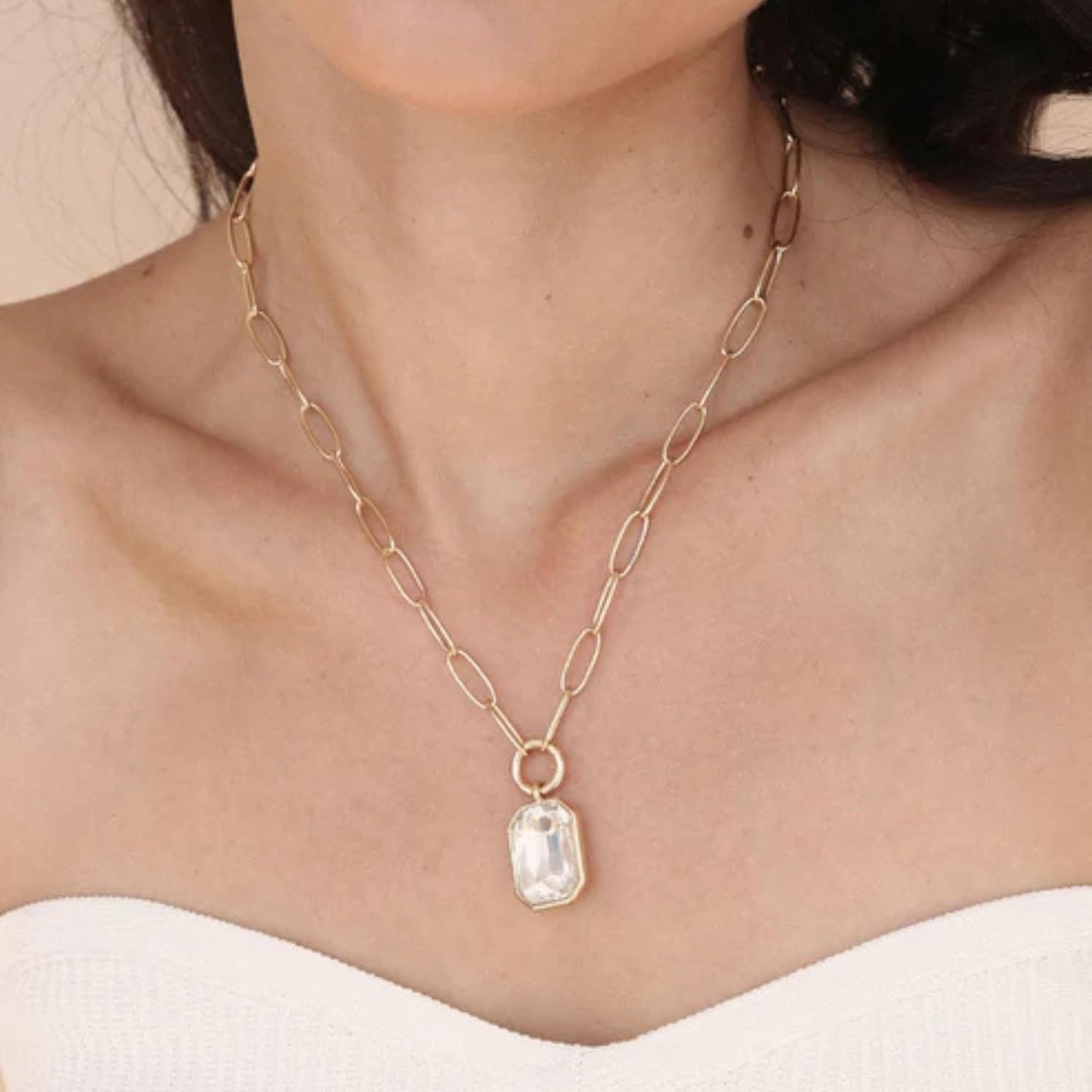 Ettika Long Necklaces for Women. Single Crystal Necklace, 18k Gold Plated Paperclip Chain. Deco Pendant Necklace, Gifts For Women