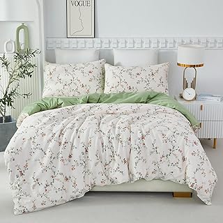 Helthep Twin XL Floral Duvet Cover, 100% Cotton College Duvet Cover Red Flower Printed Green Leaves Pattern Comforter Cove...