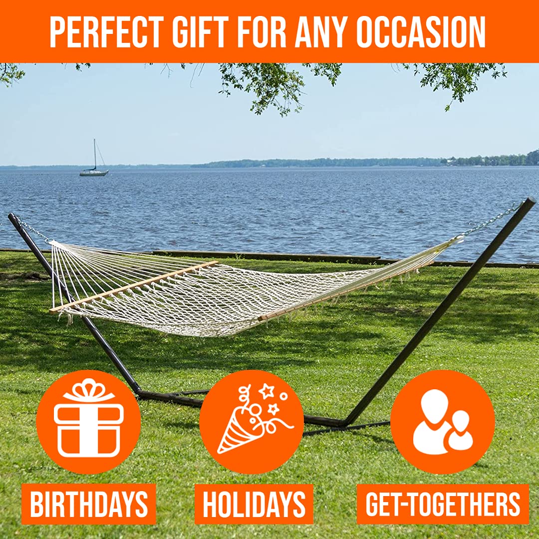Castaway Living 13 ft. Double Traditional Cotton Rope Hammock with 15 ft. Heavy Duty Hammock Stand, Accommodates Two People with a Weight Capacity of 450 lbs.