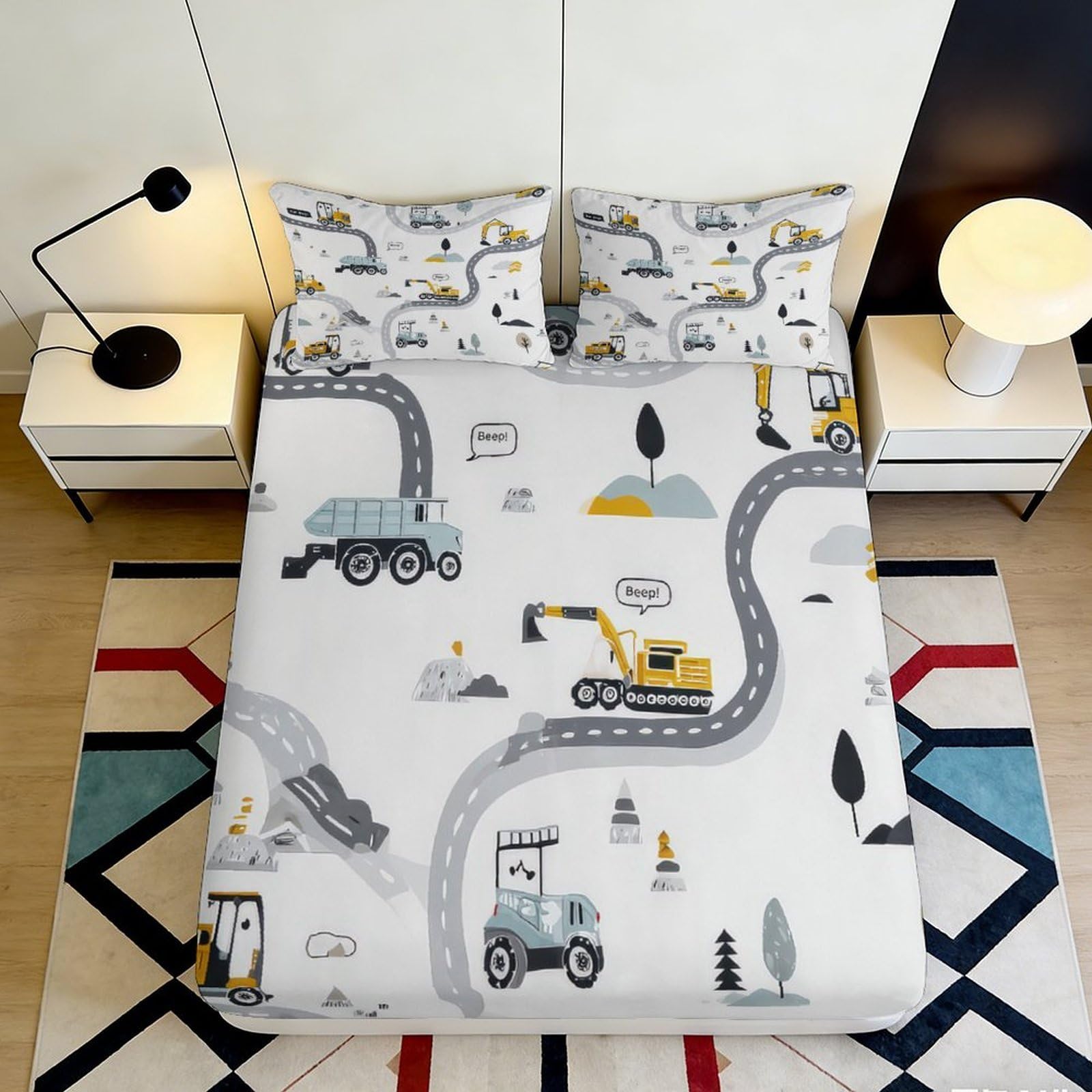 3D Printed Construction Vehicles Fitted Sheet Microfiber Soft Durable Excavator Bed Cover for Bedroom Dormitory Guest Room Mattress Protection 160x200x25cm