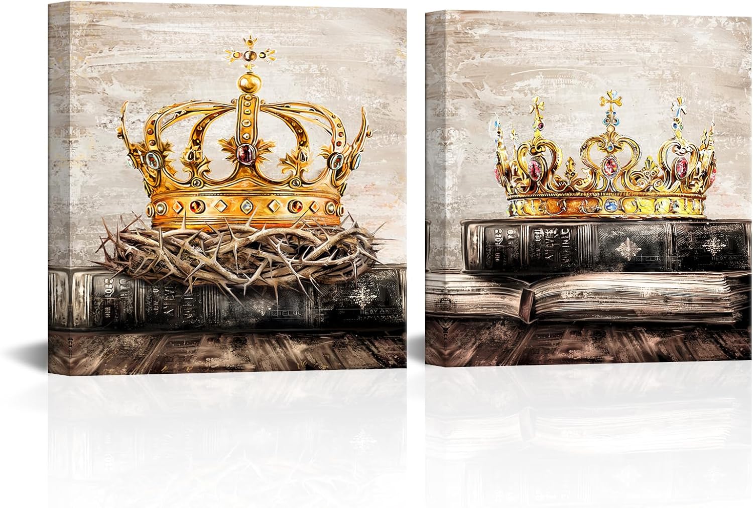 DuoBaorom Gold King Queen Crown Wall Art Set of 2 Panels with Antique Books Romantic Couple Bedroom Decor 12"x12"