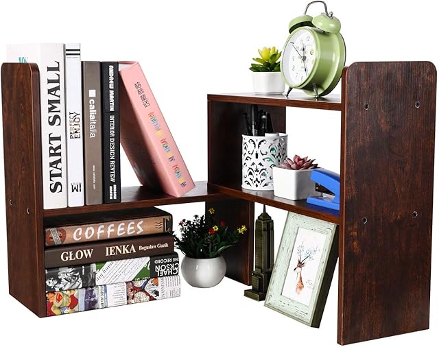 EasyPAG Wood Desk Shelves Adjustable Desktop Bookshelf Freestanding Small Bookcase Office Supplies Storage Display Shelf Desk Tidy Organiser,Brown