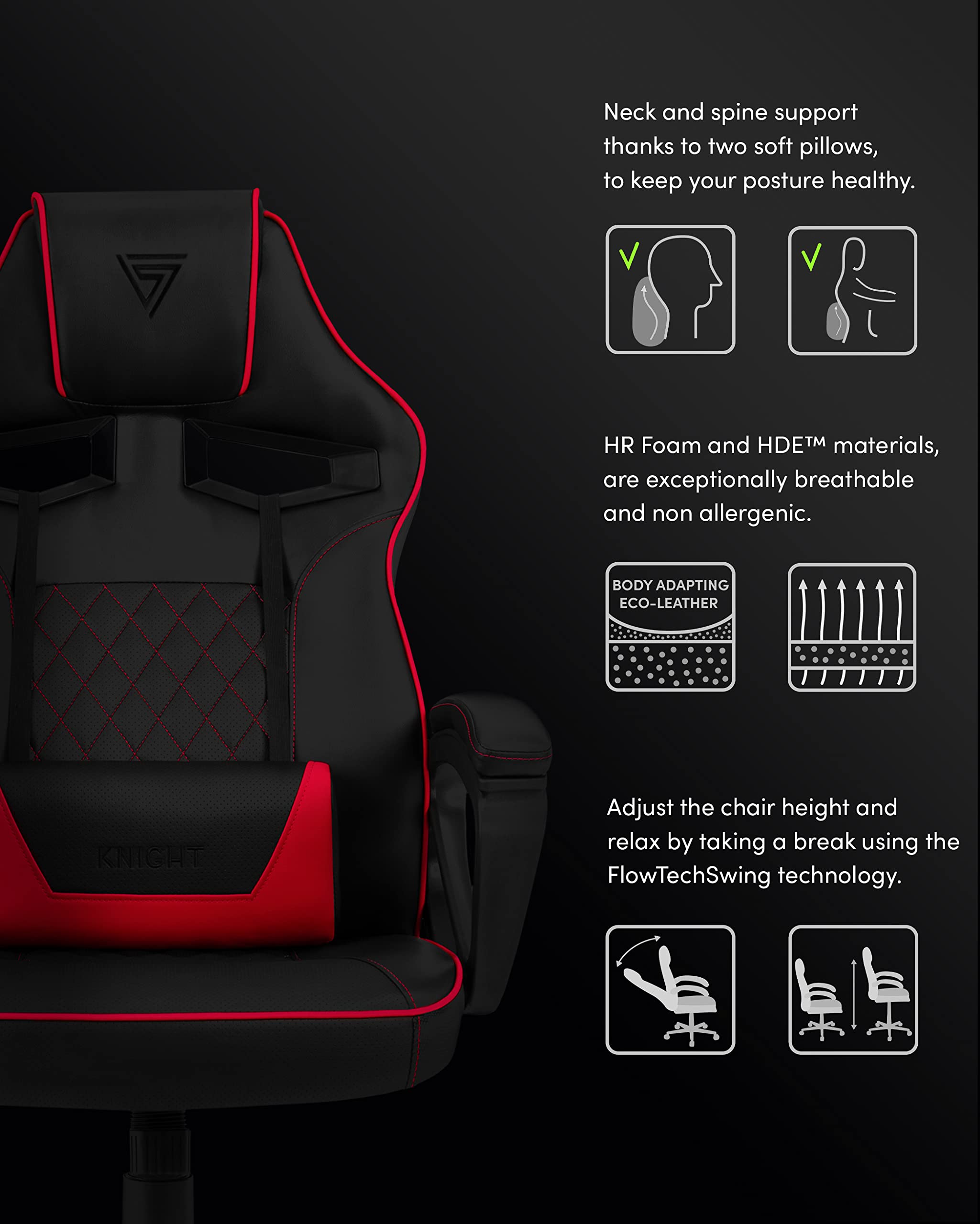 SENSE7 Poltrona da gioco Knight, ergonomico con cuscini lombari regolabili, sedia da gioco con oscillazione, braccioli imbottiti, sedia da ufficio in similpelle fino a 120 kg, sedia PC nera-rossa