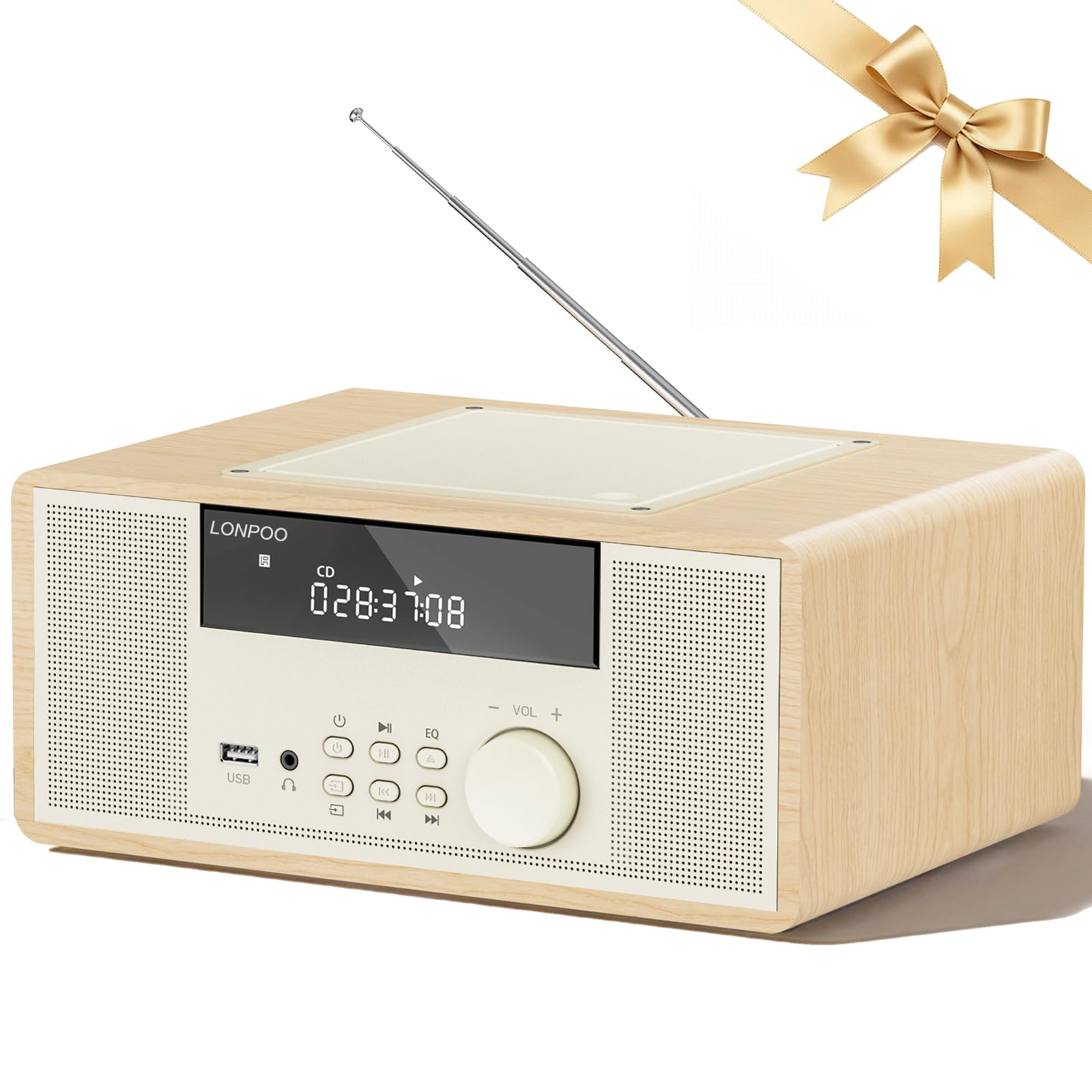 LONPOO Impianto Stereo Casa - 30W Micro HiFi Compatto con lettore CD, Bluetooth, radio FM, USB, AUX-in, display LED e pulsante grande, telecomando (LP-818Y)