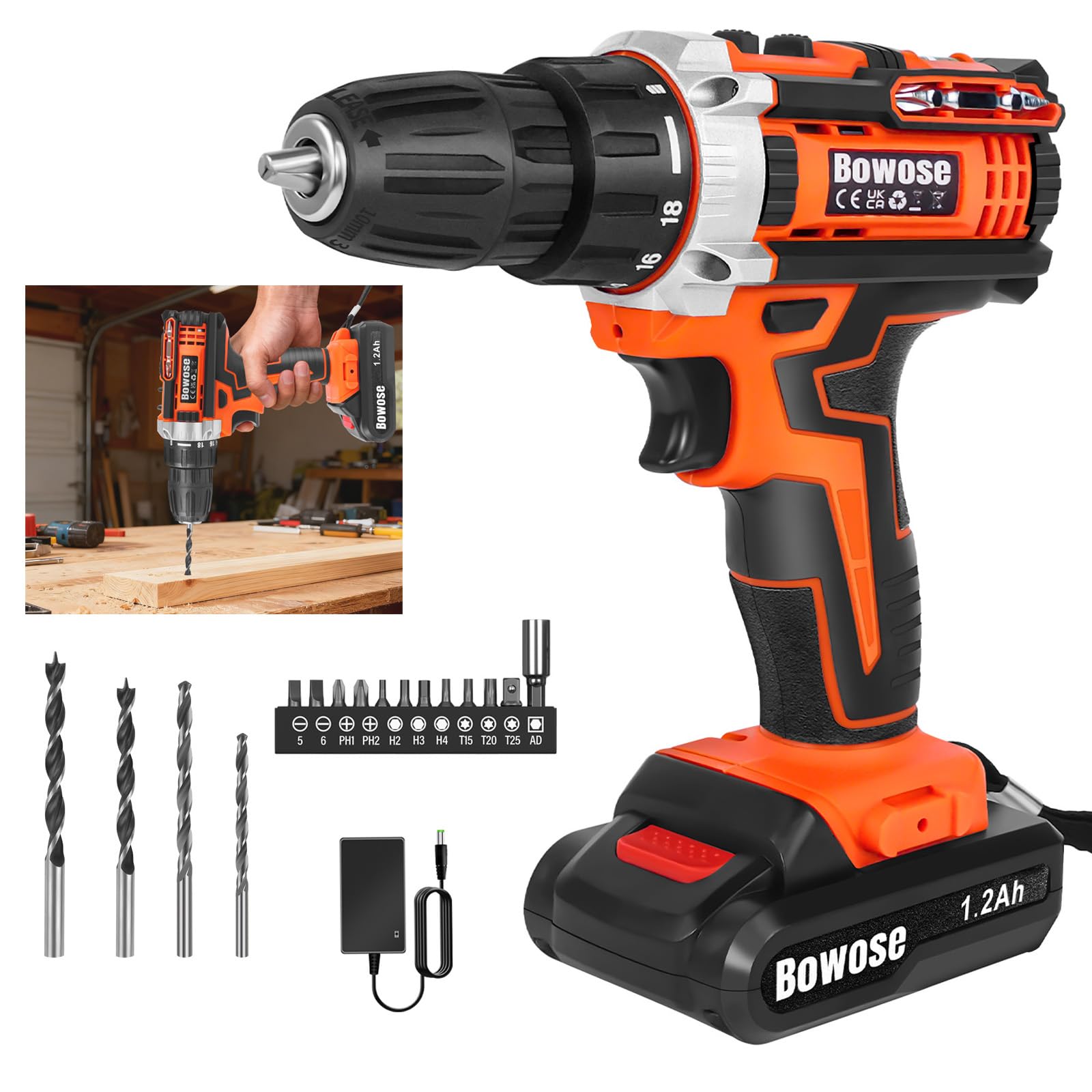 Cordless Drill,Electric Drill Set,30Nm Cordless Combi Drill with 18+1 Torque Setting,Large LI-ion Battery, 16PCS Accessories,2 Variable Speed, LED Work Light,Home and Garden DIY Project Kit