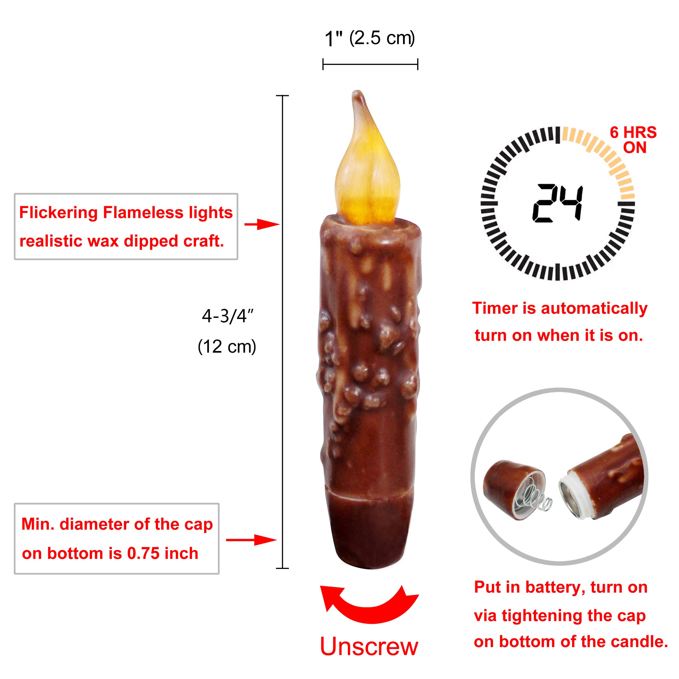 CVHOMEDECO. Velas cónicas con temporizador LED de cera real sumergidas a mano con pilas, rústicas primitivas sin llama, decoración de 4.75 pulgadas, café, 6 unidades en un paquete