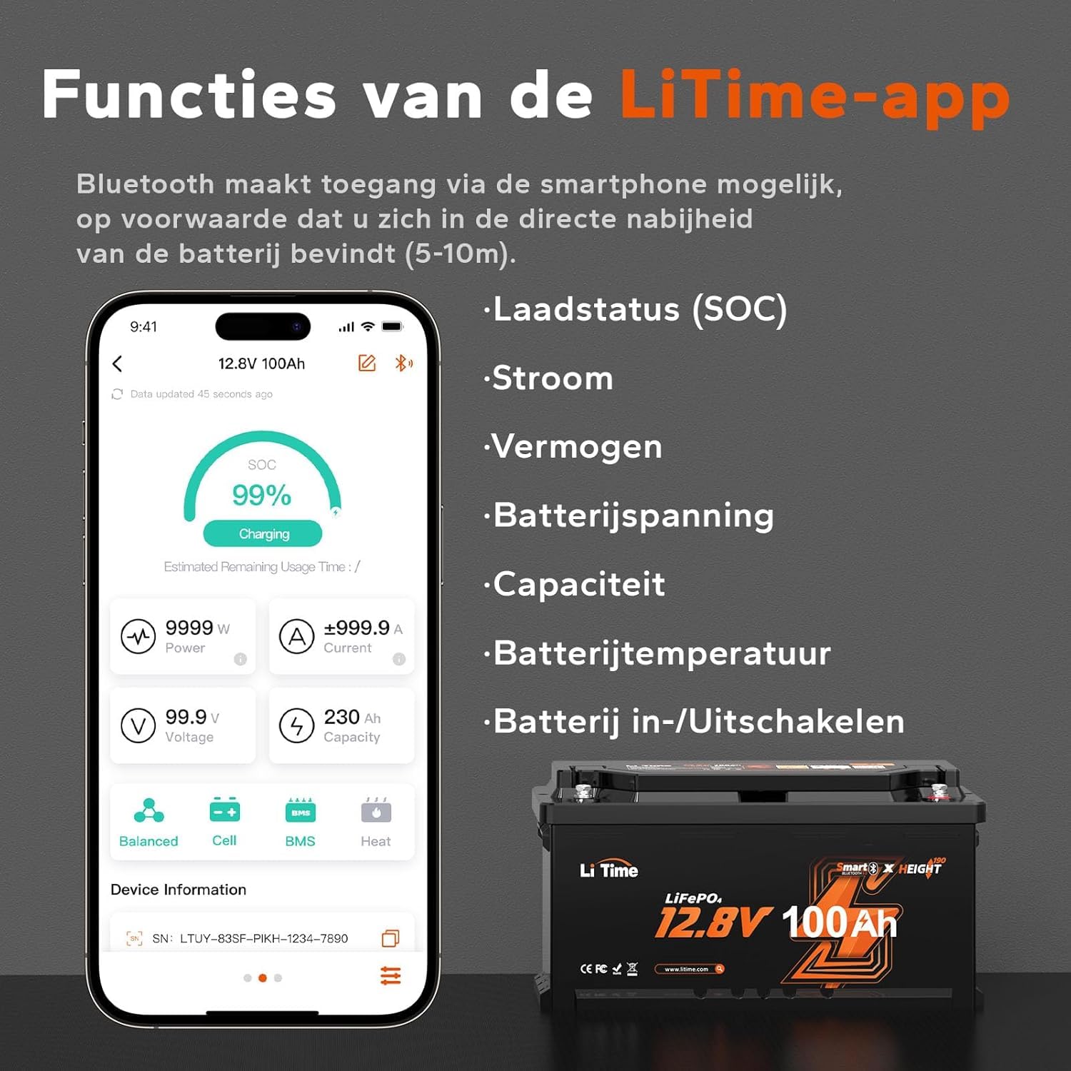 LiTime Batterie Lithium LiFePO4 12V 100Ah H190 avec Bluetooth pour Sièges de Camping-Car DIN H8 L5, 4000-15000 Cycles Profonds, BMS 100A, Énergie 1280Wh, Parfait pour Caravane RVs, Fourgons