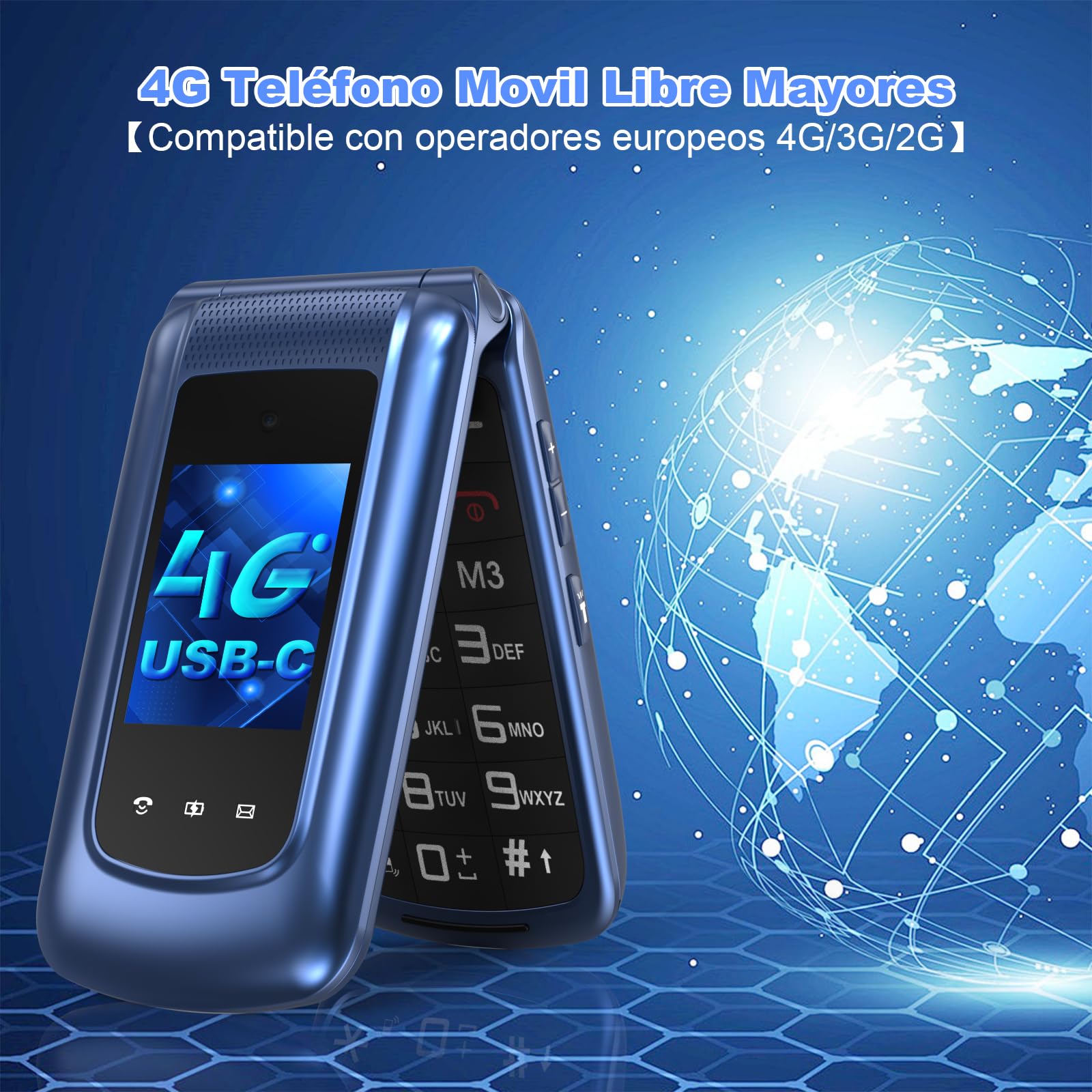4G Telefono Movil para Mayores Libre con Teclas Grandes, Doble SIM Doble Pantalla LCD, Fácil De Usar Teléfono Móvil Personas Mayores con Botón SOS, Cable USB C, Batería 1000mah, Base Cargadora (Azul)