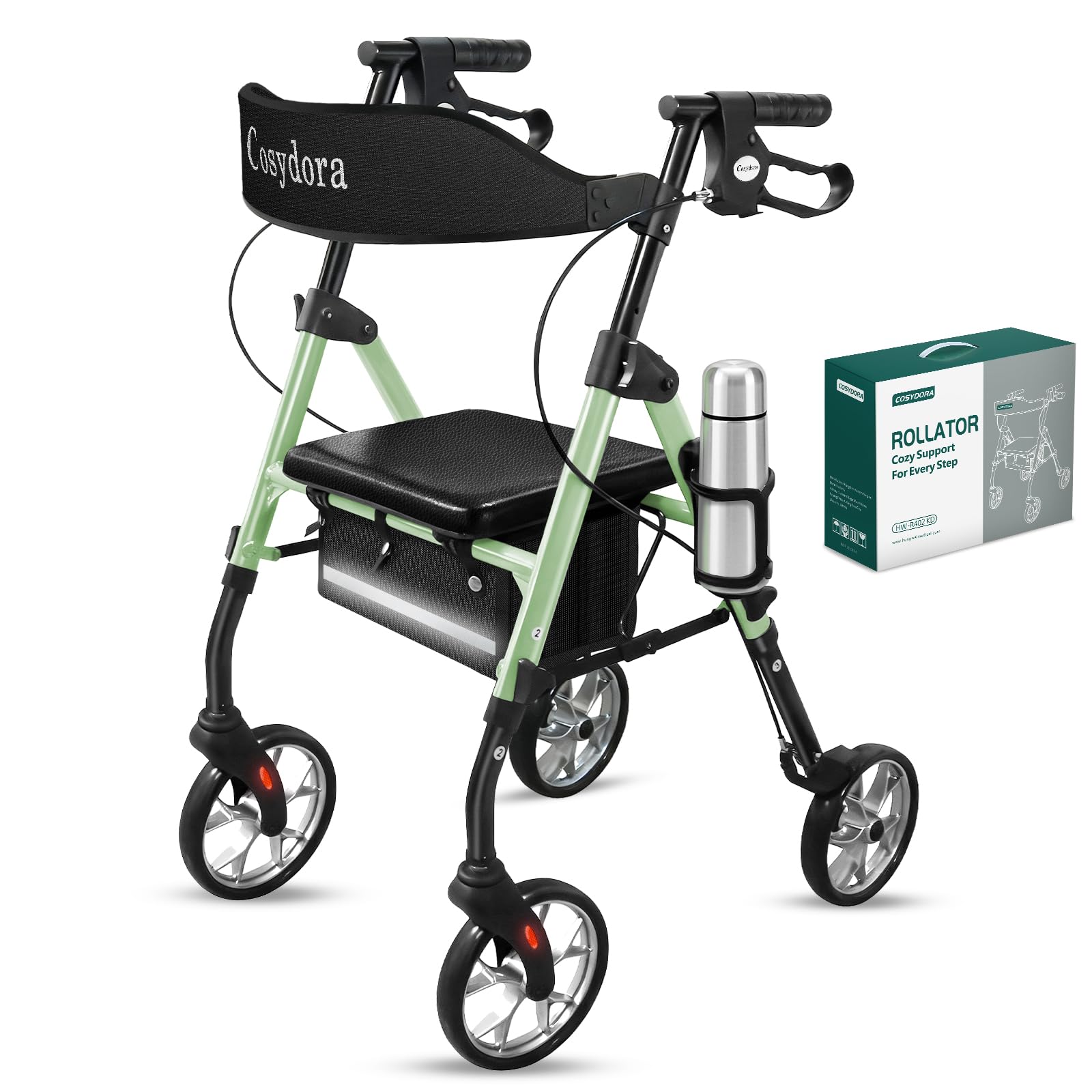 cosydora rollator walkers for seniors with seat, 15 lbs ultra lightweight foldable rolling walker, 350lbs heavy duty aluminum, 8" all terrain wheels, dual adjustable height, sage green