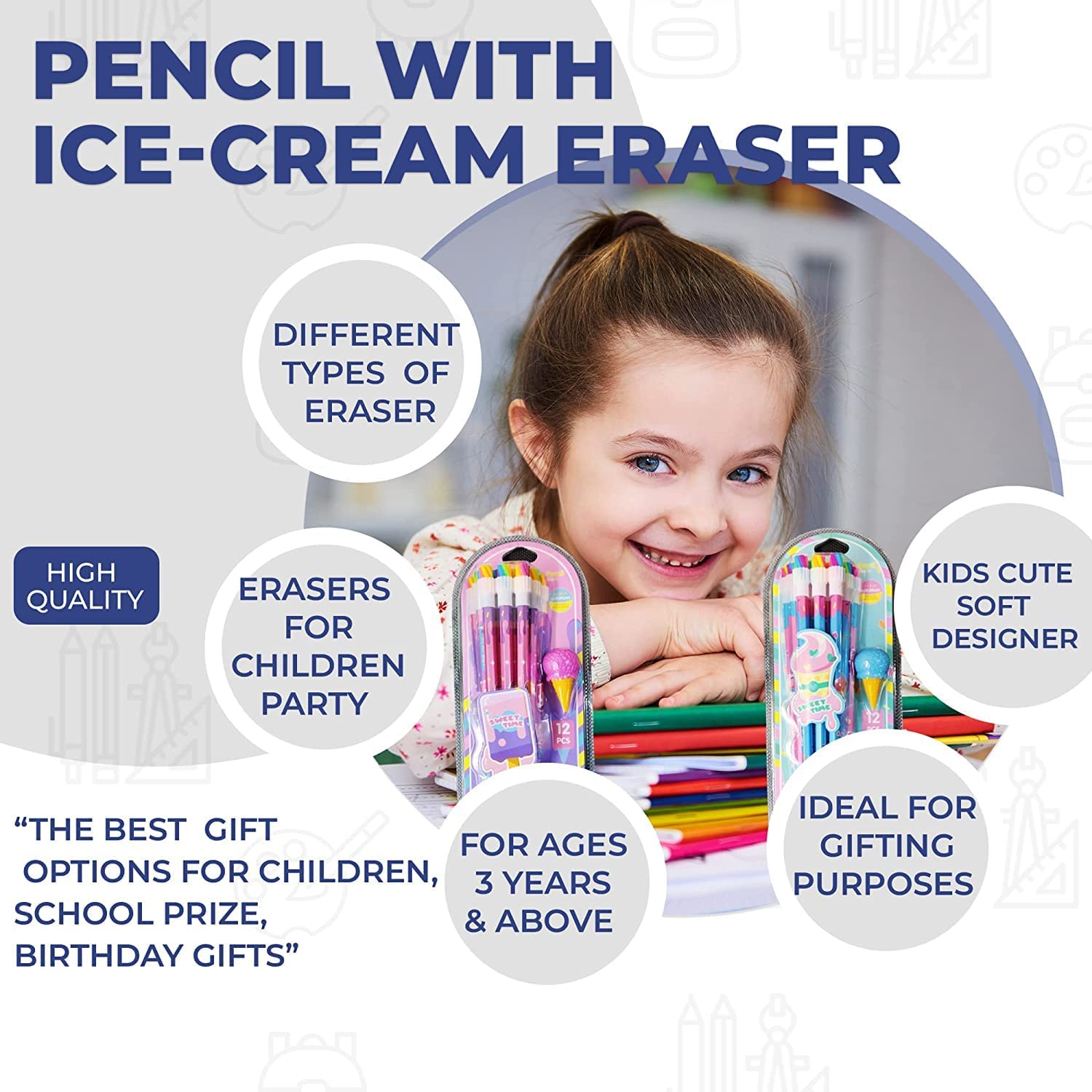 Shivaaro Stylish Pencils Stationary Kit - Pencil Set with Ice-Cream Shaped Erasers for Kids, Boys and Girls, Birthday Return Gift Stationary Set 4