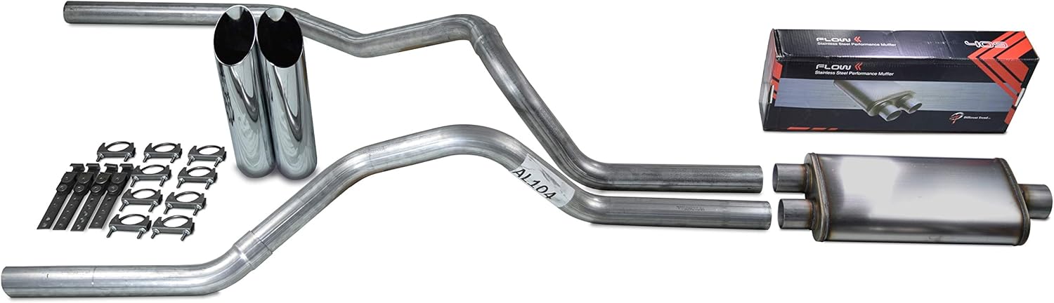 Truck Exhaust Kits Shop Line Dual Exhaust System: 2.5" Aluminized Pipes, Flow II Stainless Muffler, Chrome Tips