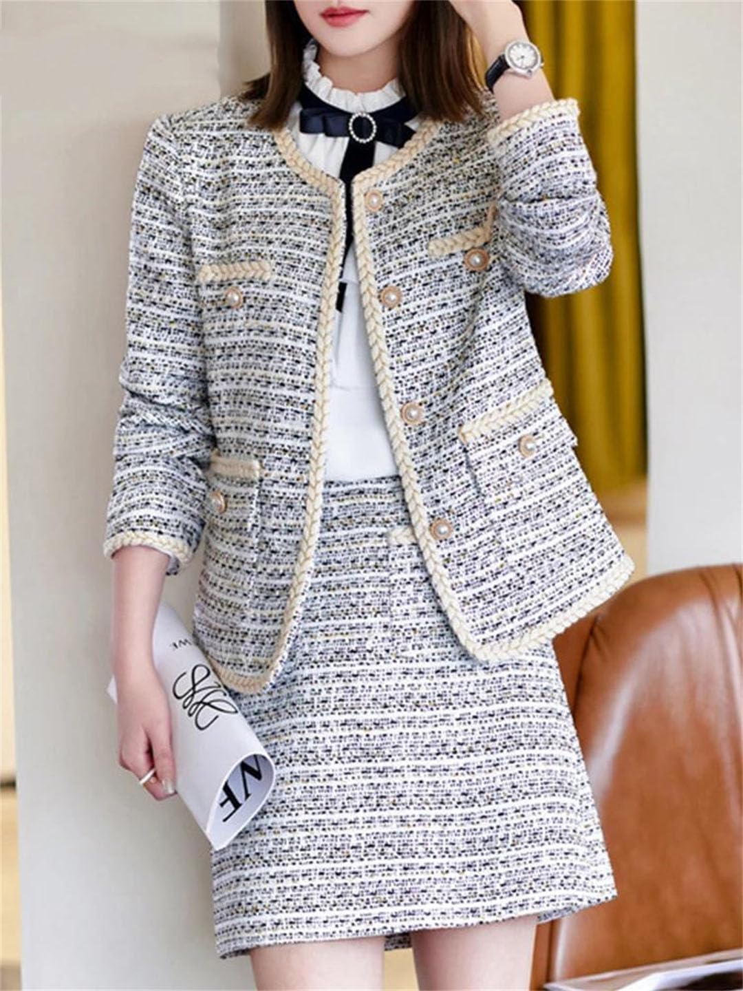 Women Striped Two Piece Set Blazer Skirt Office Work Outfit