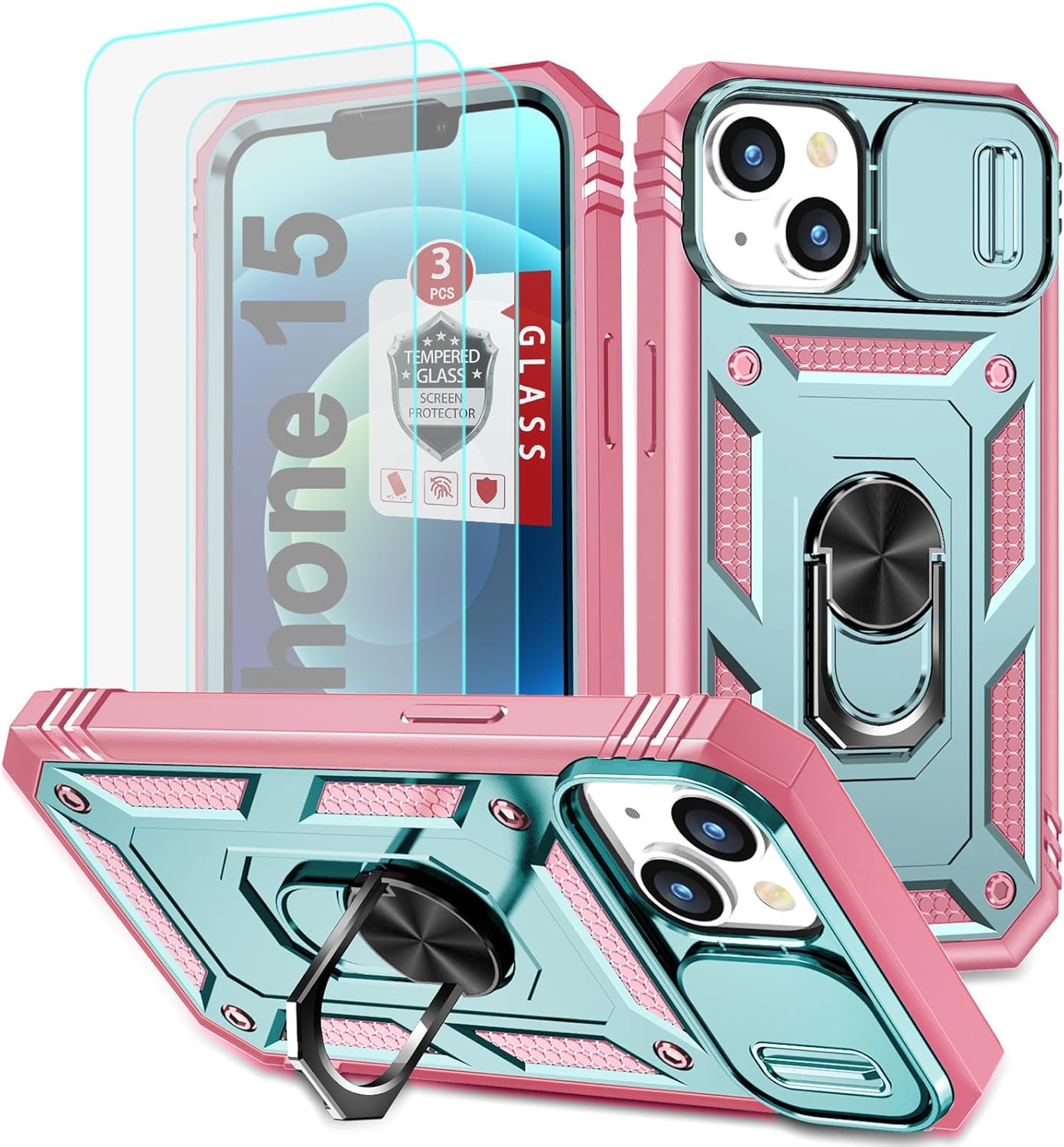Case for iPhone 14, for iPhone 13 Case with 3 Pcs Tempered Glass Screen Protector Built in Ring Stand Kickstand + Camera Cover, Hard PC Soft TPU Defender Full Body Protective Armor Cover - Green/Pink