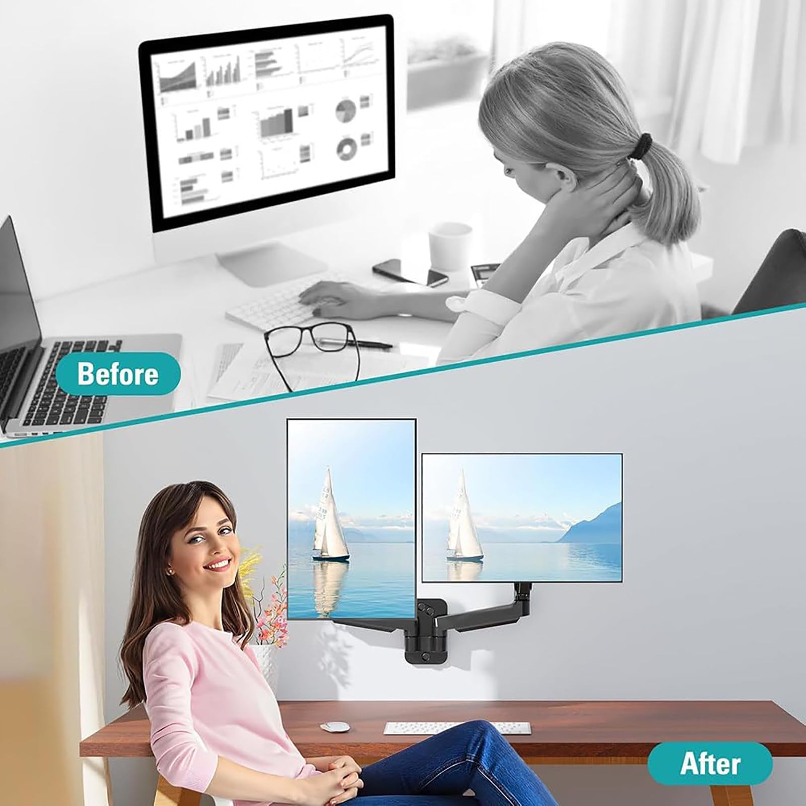 Soporte De Pared Para Dos Monitores, Con Brazos Ajustables, Para Monitores De 17-27″ (Capacidad De Carga De 17,6lb Por Brazo), VESA 75/100mm, Para Oficinas En Casa Y Configuraciones De Juegos