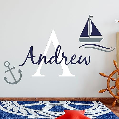 Calcomanías de pared personalizadas de barco y ancla para bebé niña o niño, nombre personalizado e inicial para decoración de pared de guardería,